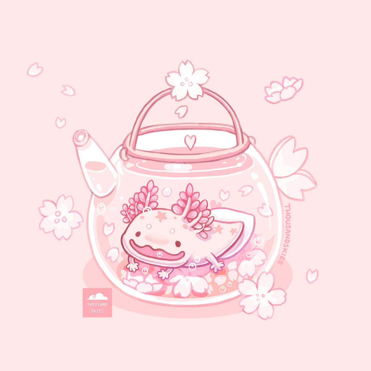 pink axolotl, teapot, cherry blossoms, SD Desktop Wallpaper