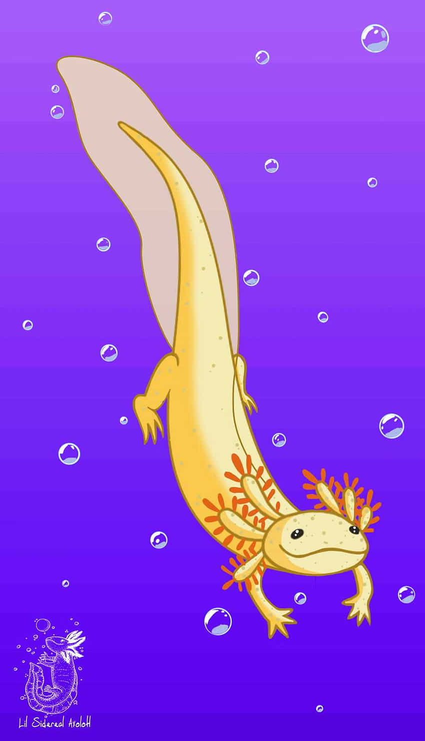 bright yellow axolotl, deep purple underwater scene, floating bubbles, HD Phone Wallpaper