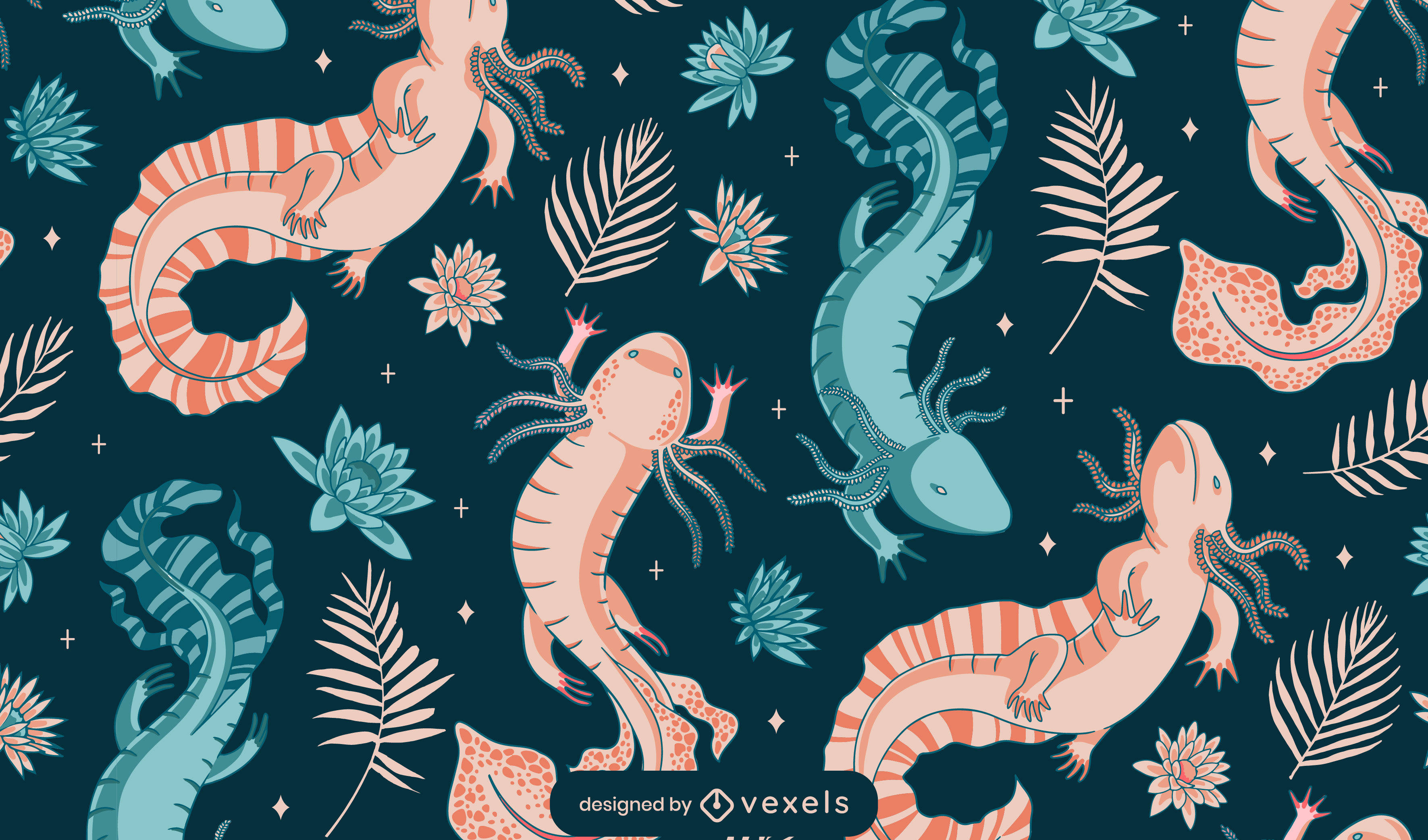 axolotl pattern, pink and blue, dark teal pattern, 2K Desktop Wallpaper