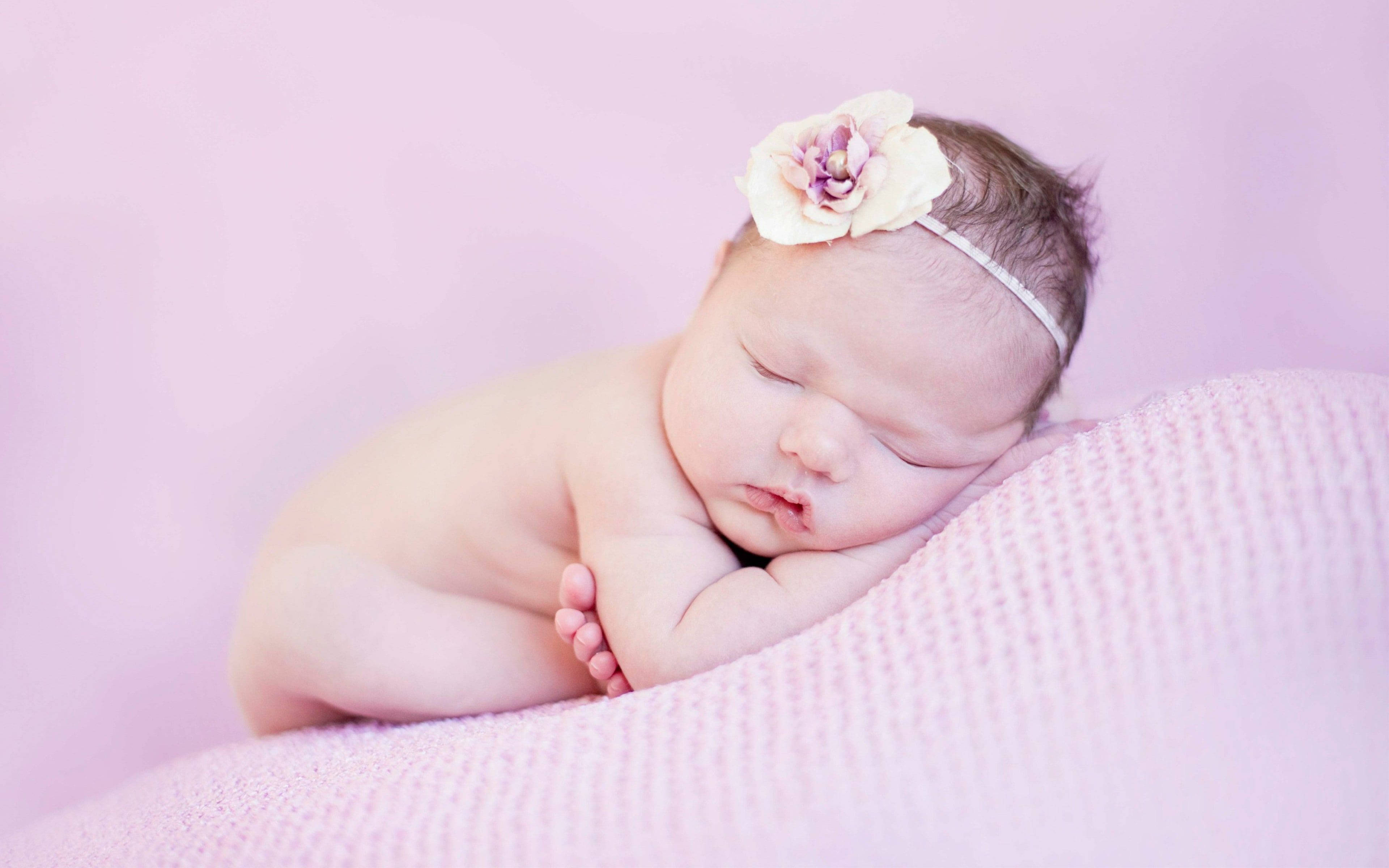 newborn baby, pink textured blanket, delicate floral headband, 4K Desktop Wallpaper