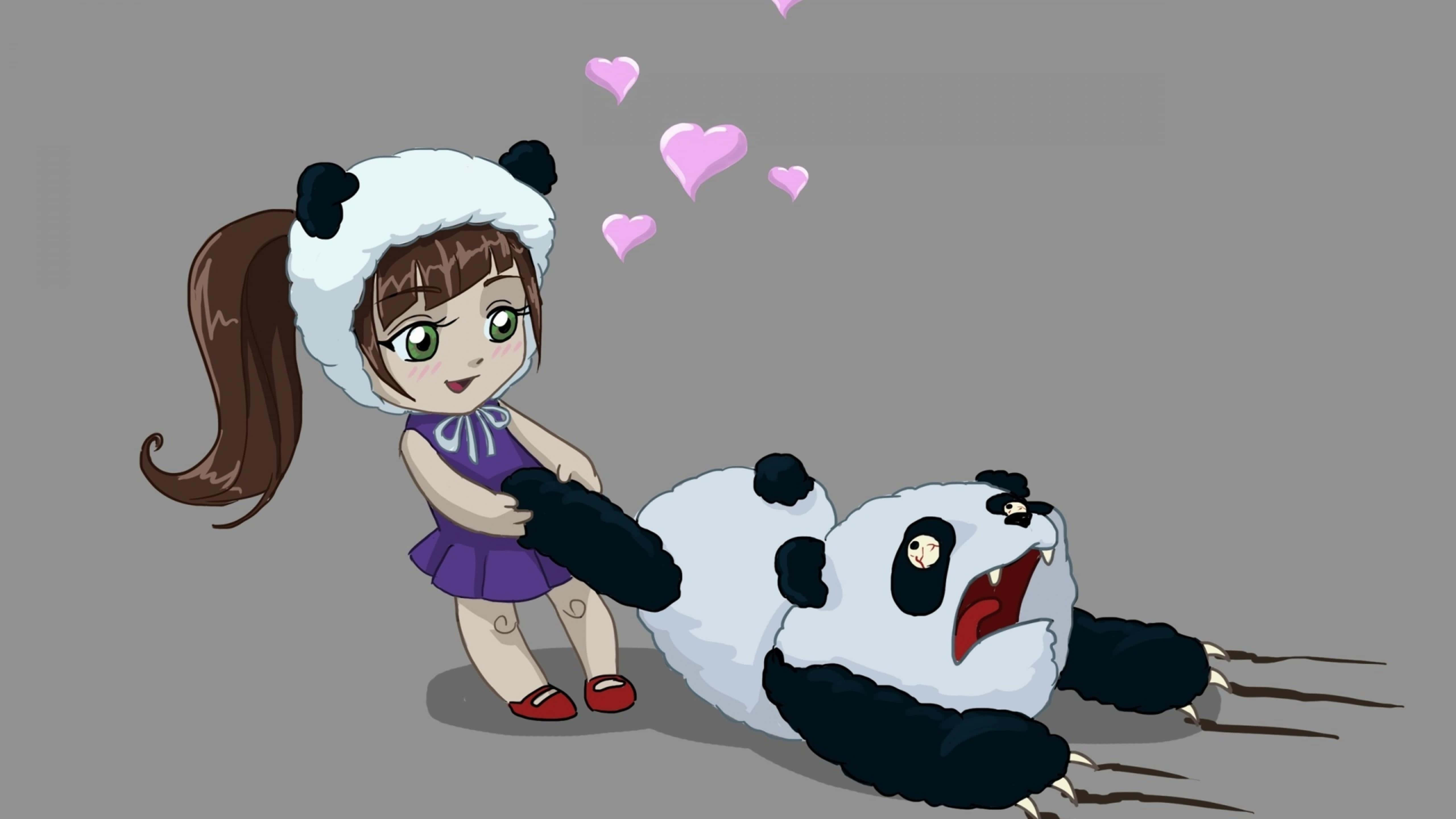 anime girl, panda hat, grinning panda, 5K Desktop Wallpaper