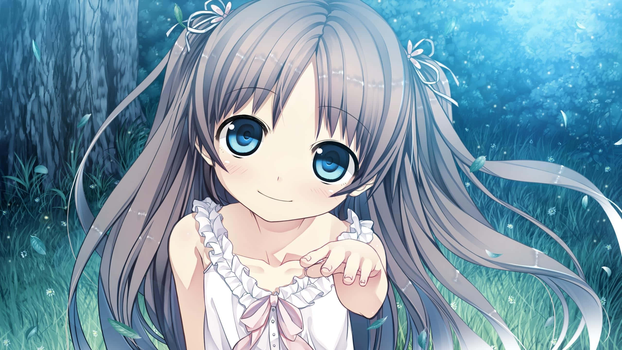 baby anime, anime girl, long gray hair, 2K Desktop Wallpaper
