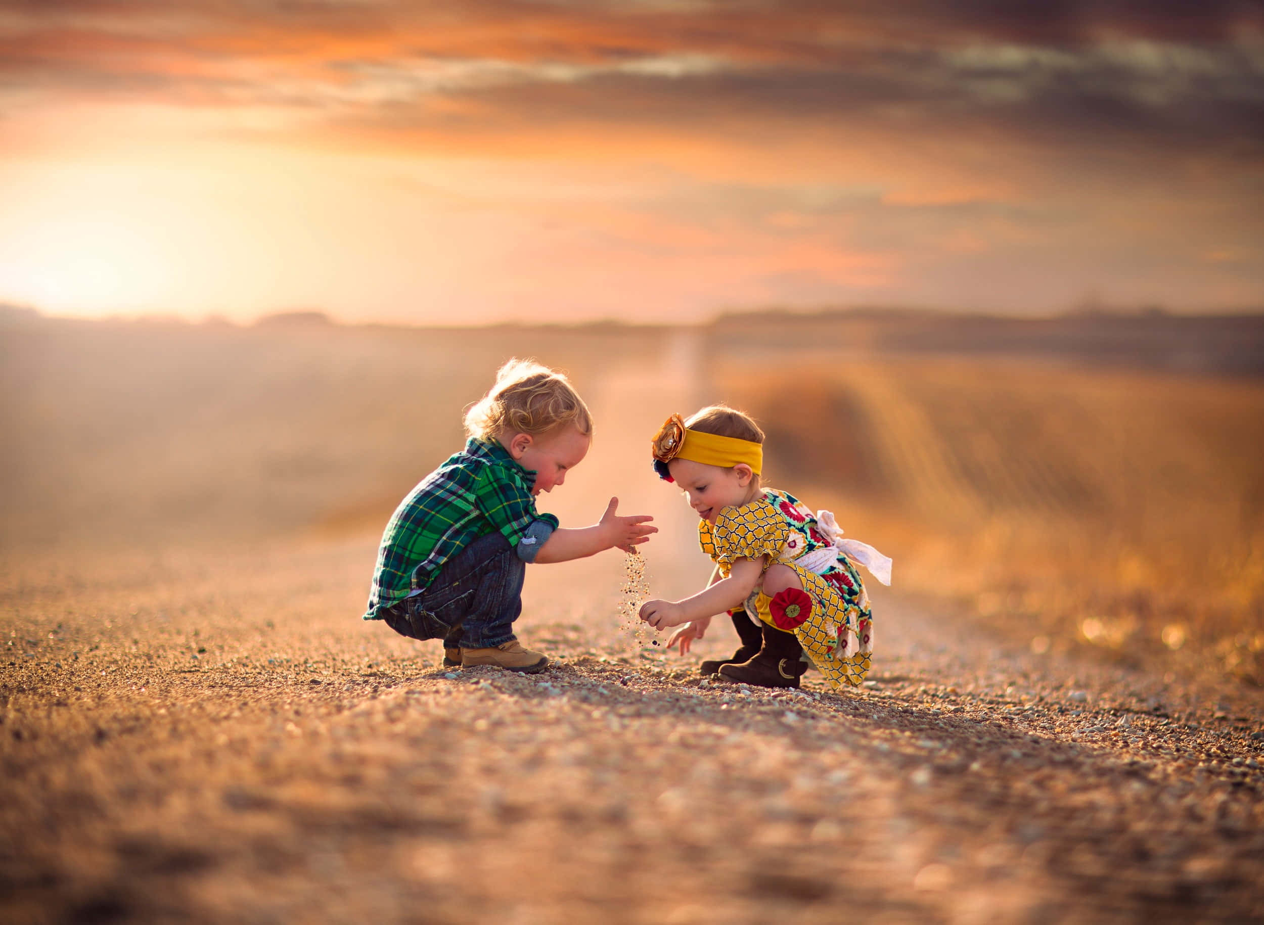 toddlers, gravel path, sunset, Full HD Desktop Wallpaper