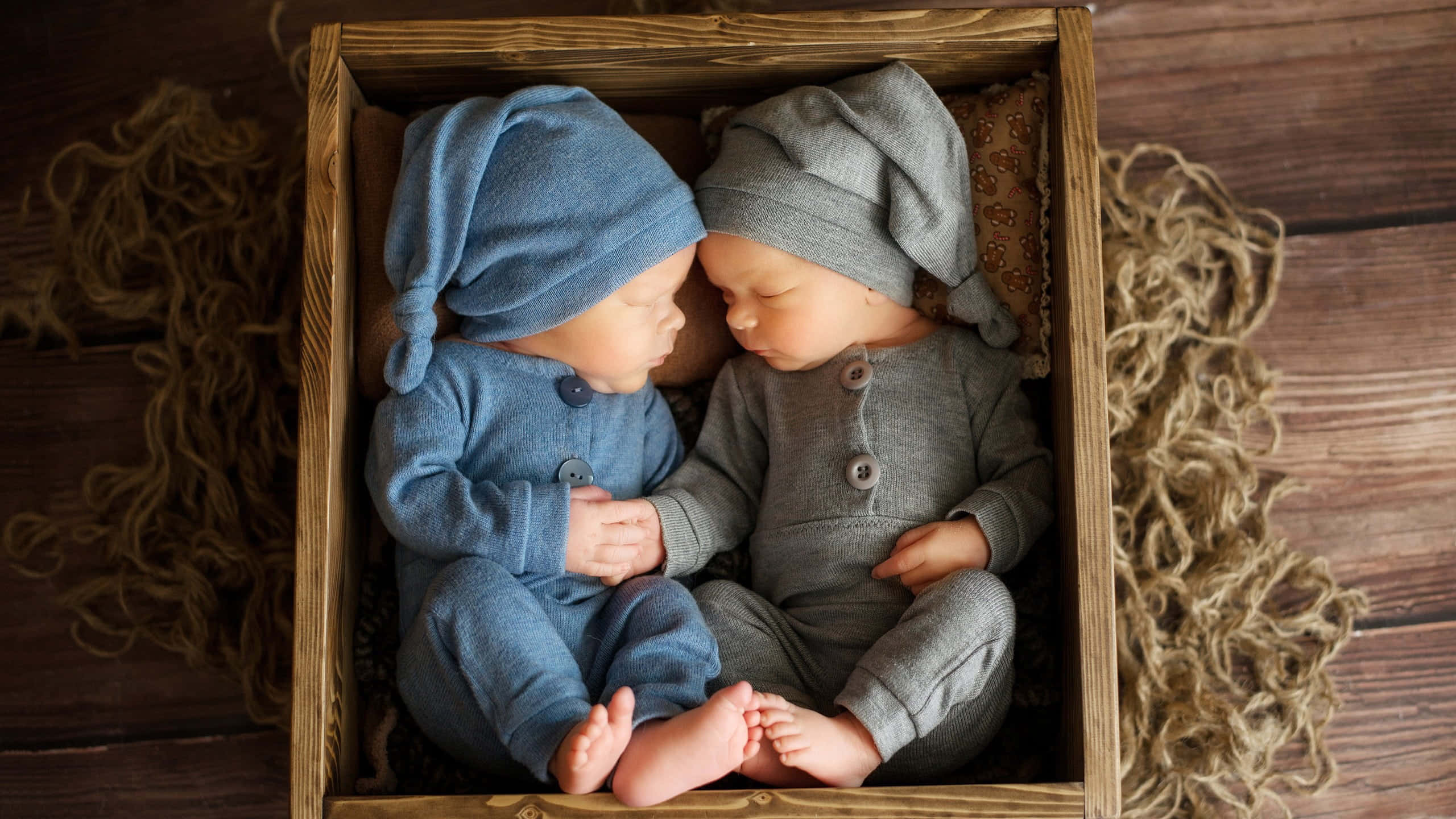 newborn twins, wooden crate, soft blue knit outfit, 2K Desktop Wallpaper