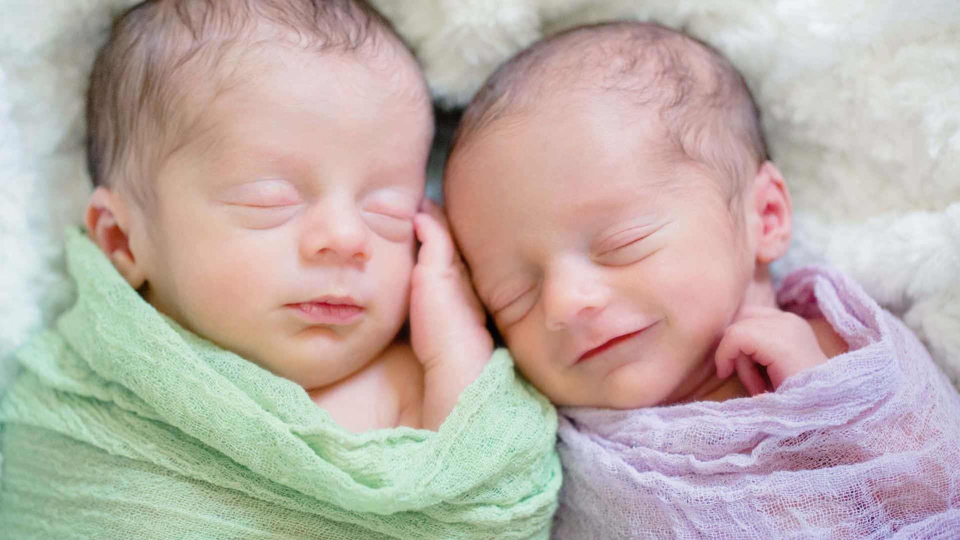 newborn twins, soft green and lavender blankets, fluffy white surface, Full HD Desktop Wallpaper
