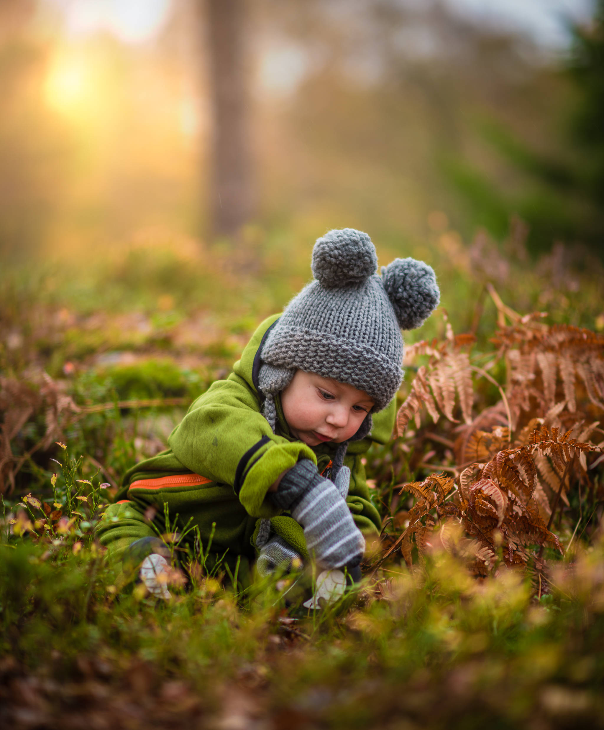 toddler, green outfit, grey pom-pom hat, Full HD Phone Wallpaper