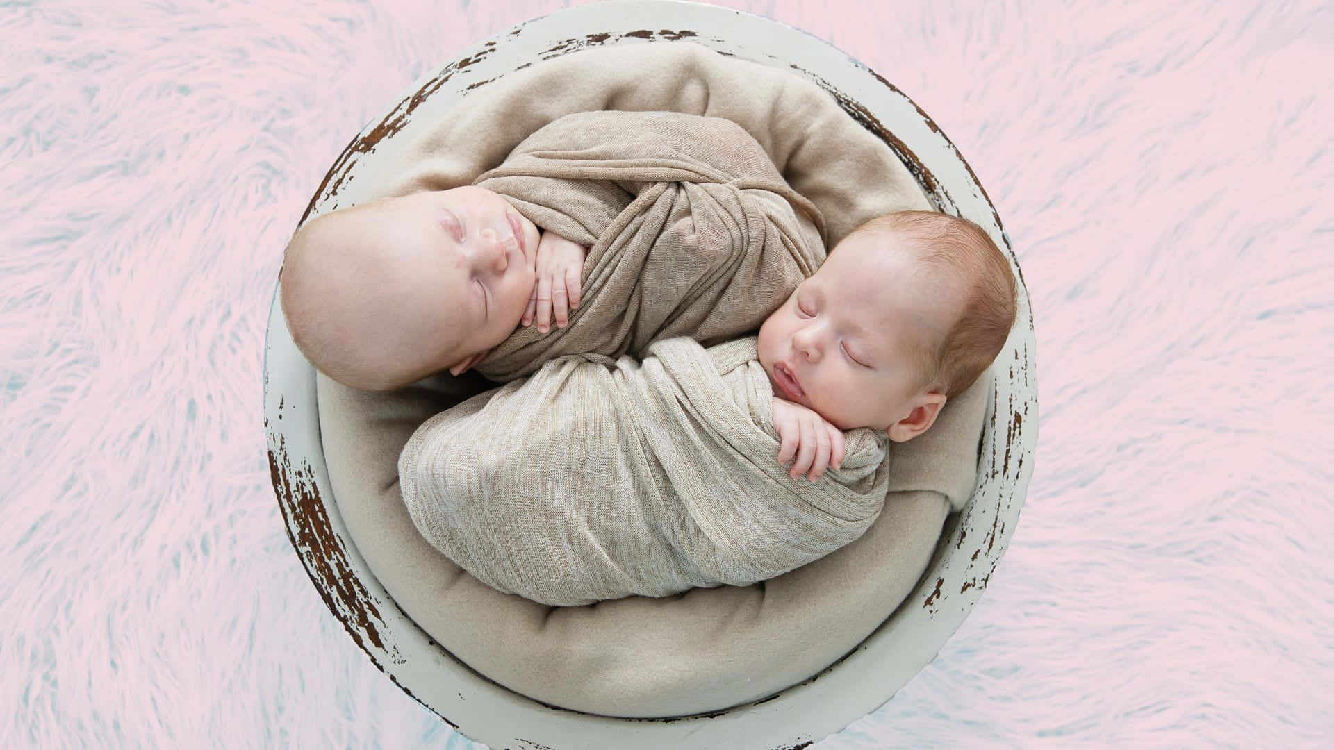 newborn twins, beige swaddles, rustic white bowl, Full HD Desktop Wallpaper