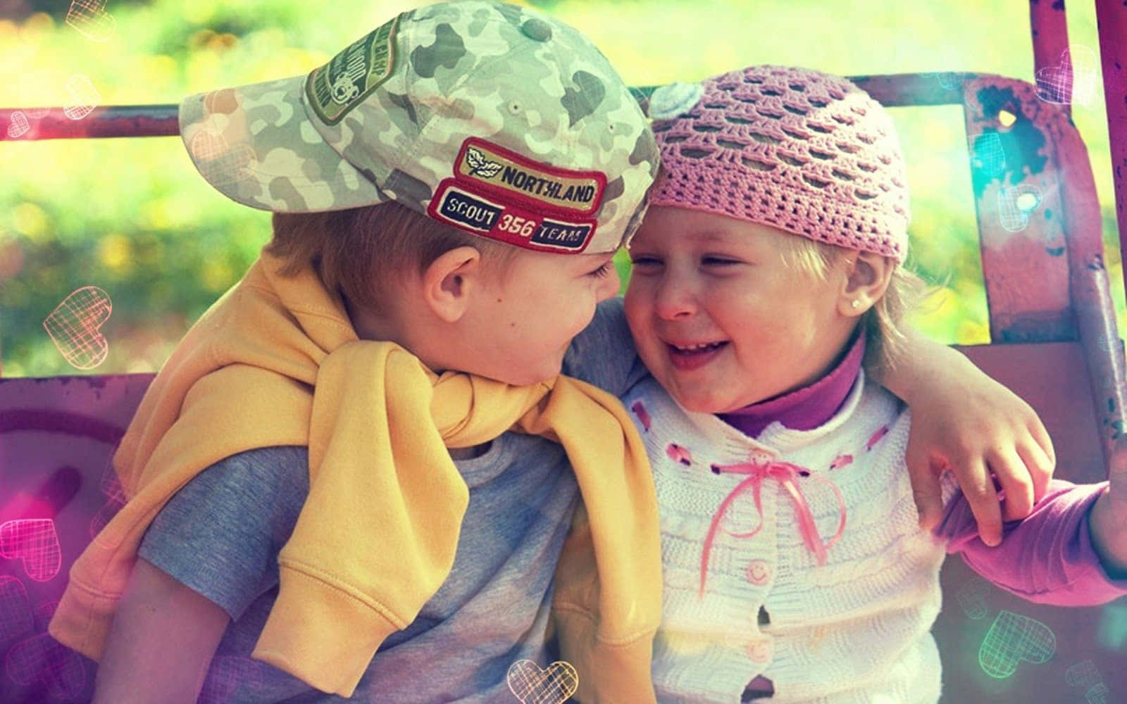 cute toddlers, smiling together, colorful bench, HD Desktop Wallpaper