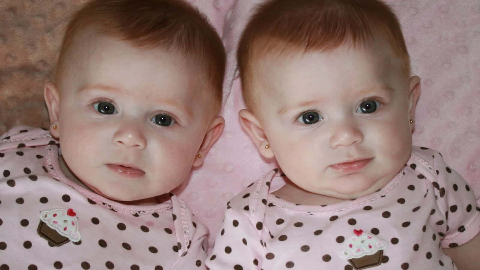 twin babies, matching pink polka-dot outfits, soft pink blanket, HD Desktop Wallpaper