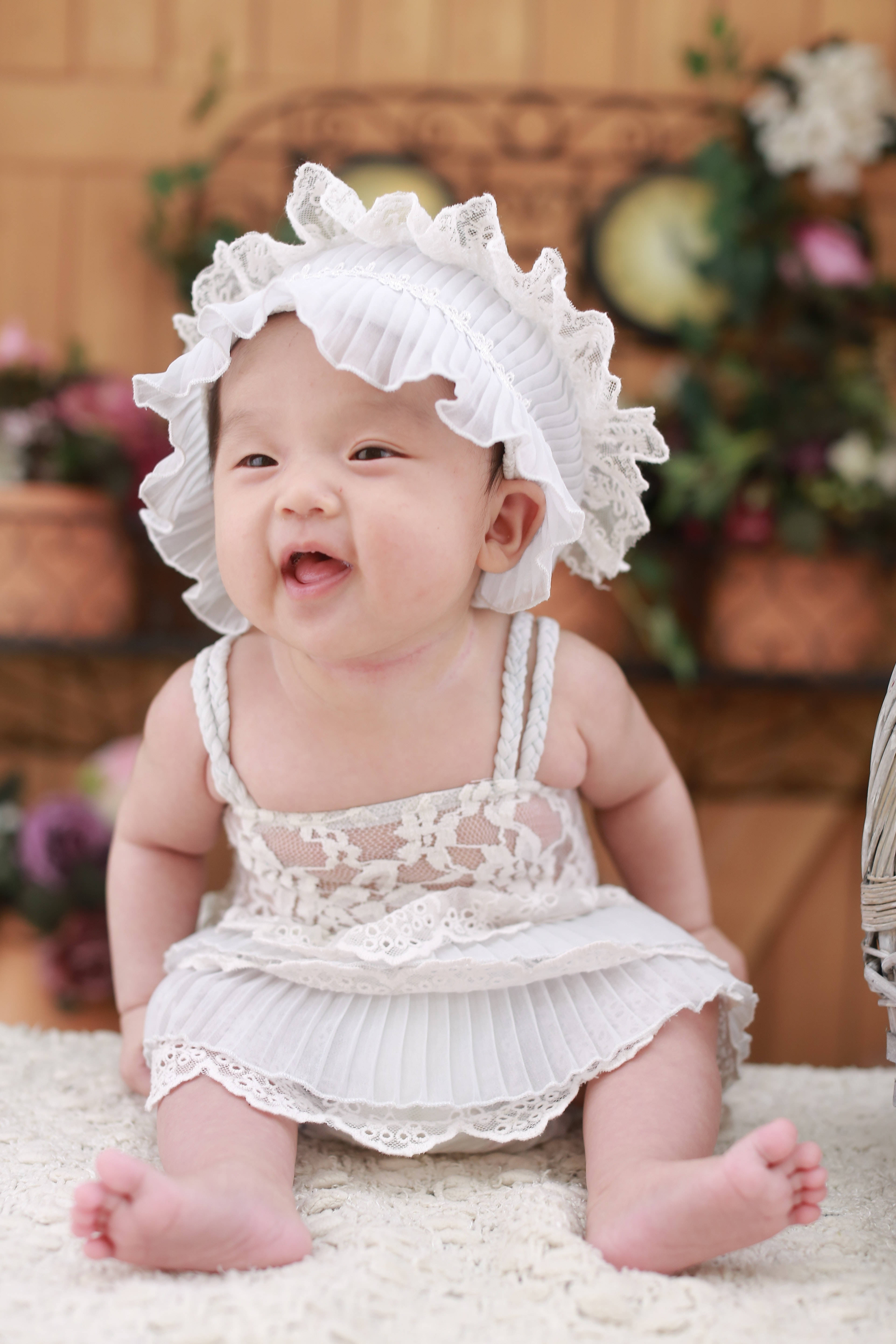 white lace bonnet, white dress, floral pots, 5K Phone Wallpaper