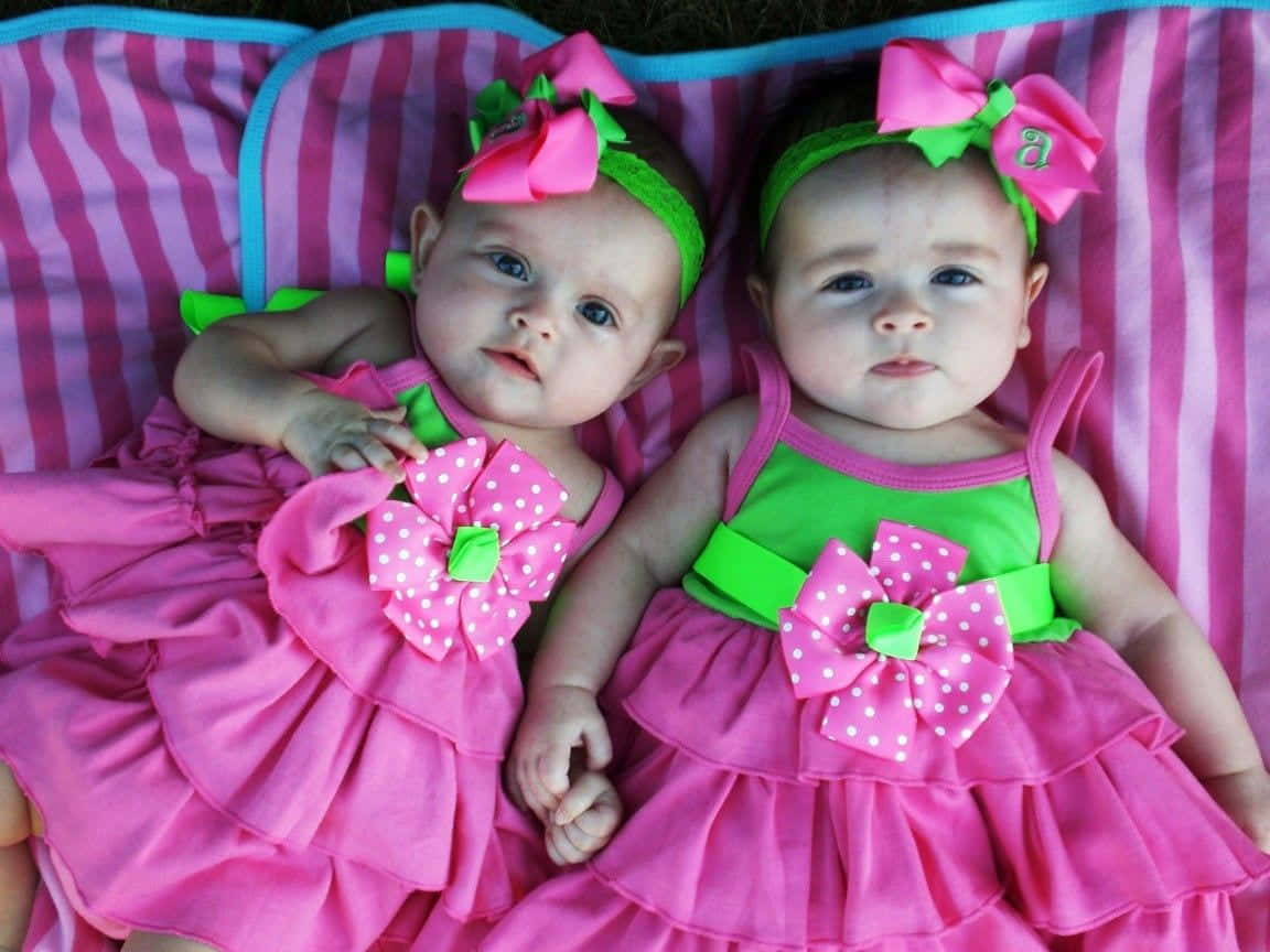 cute babies, pink and green dresses, striped blanket, SD Desktop Wallpaper