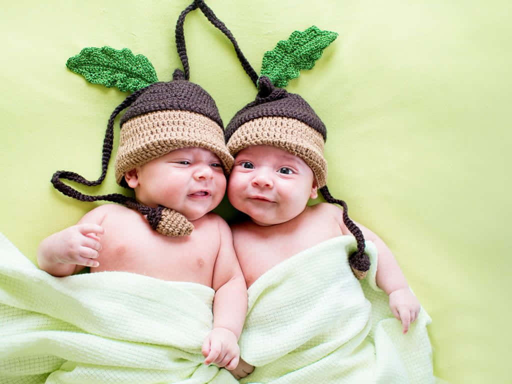 newborn twins, acorn-themed knit hats, soft green blankets, SD Desktop Wallpaper