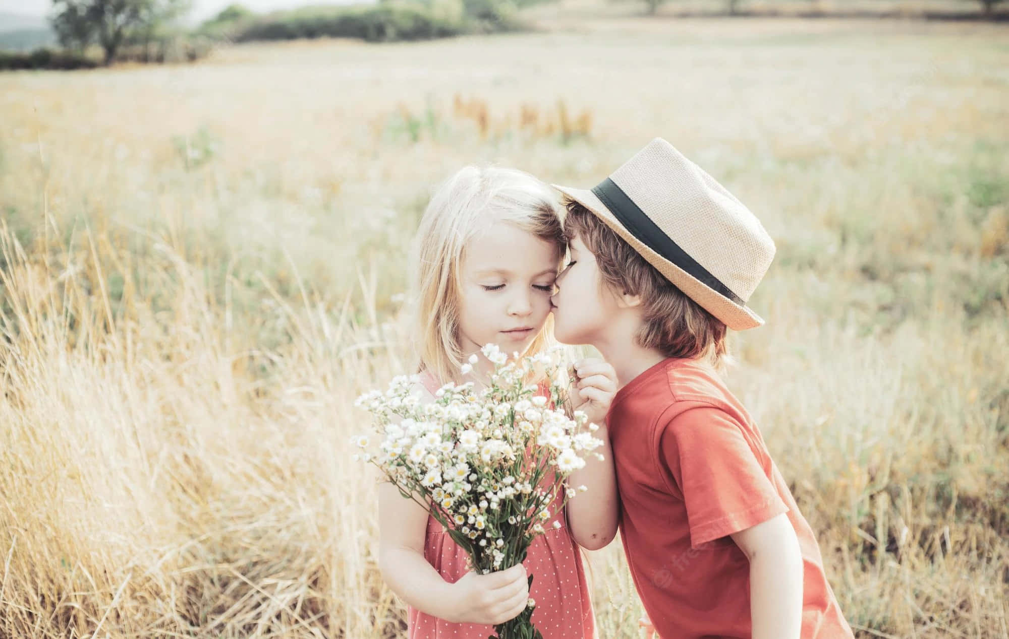 cute baby couple, straw hat, baby's breath, Full HD Desktop Wallpaper