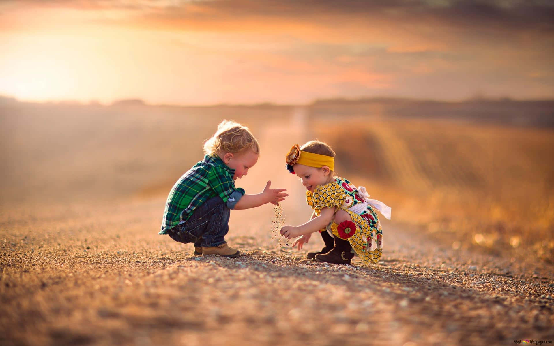cute baby couple, gravel path, sunset, Full HD Desktop Wallpaper