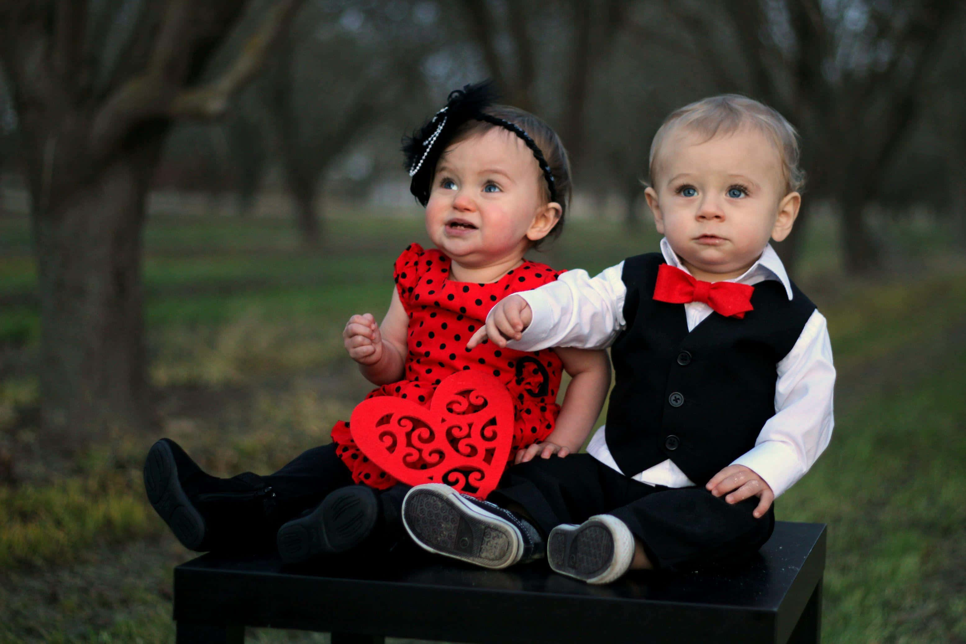 cute baby couple, formal black red attire, red and black Valentine's outfits, 2K Desktop Wallpaper