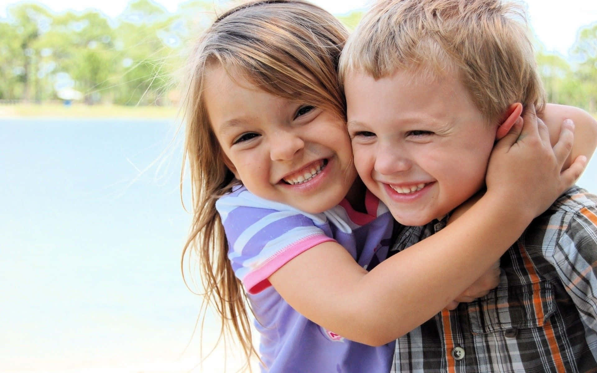 cute baby couple, joyful children, bright lake, Full HD Desktop Wallpaper