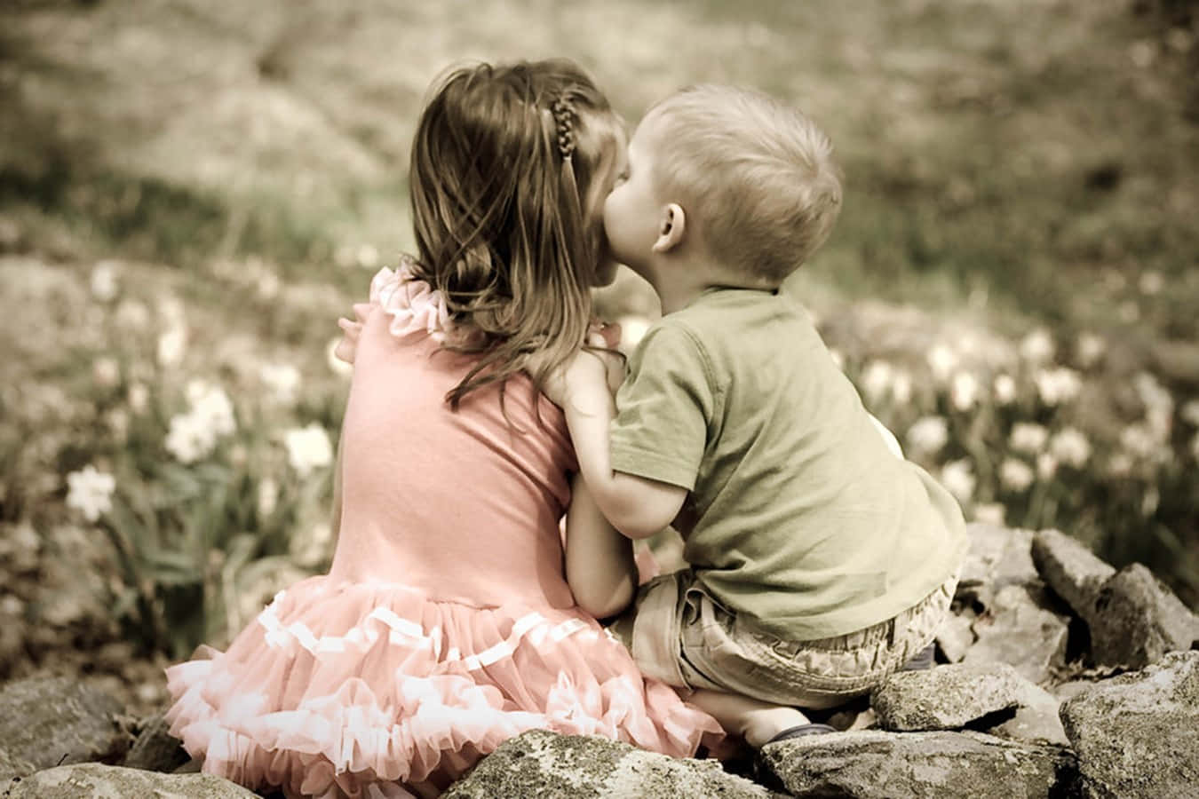 cute baby couple, garden, rocks, HD Desktop Wallpaper