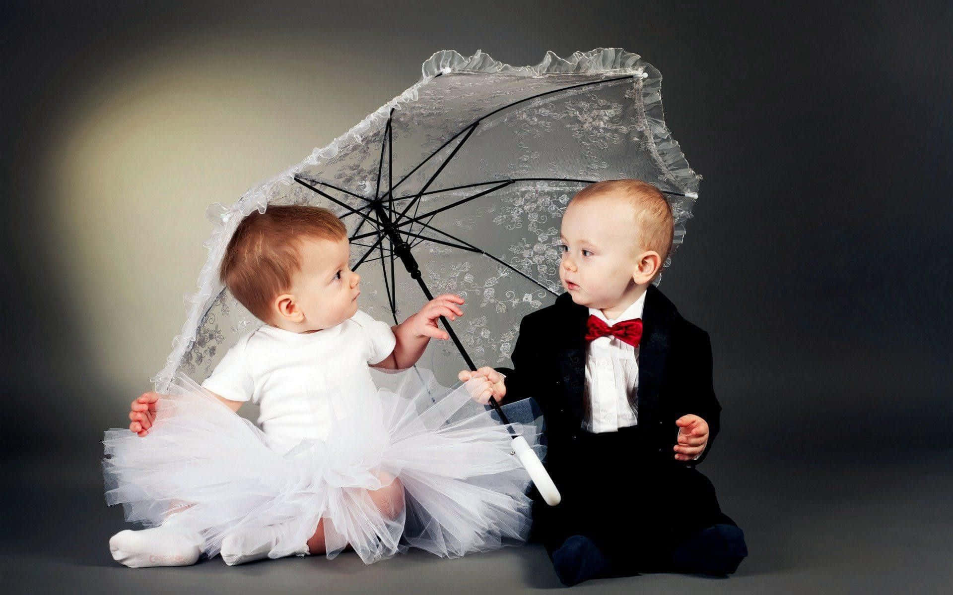 cute baby couple, bride and groom, lace parasol, Full HD Desktop Wallpaper