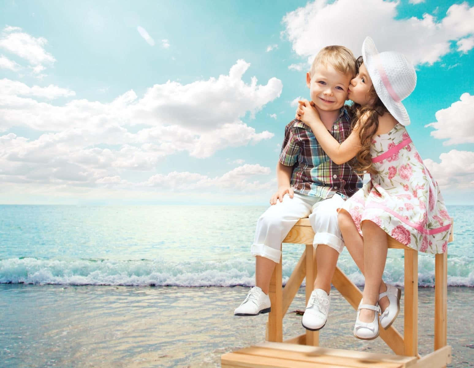 cute baby couple, floral dress, wooden stool, HD Desktop Wallpaper