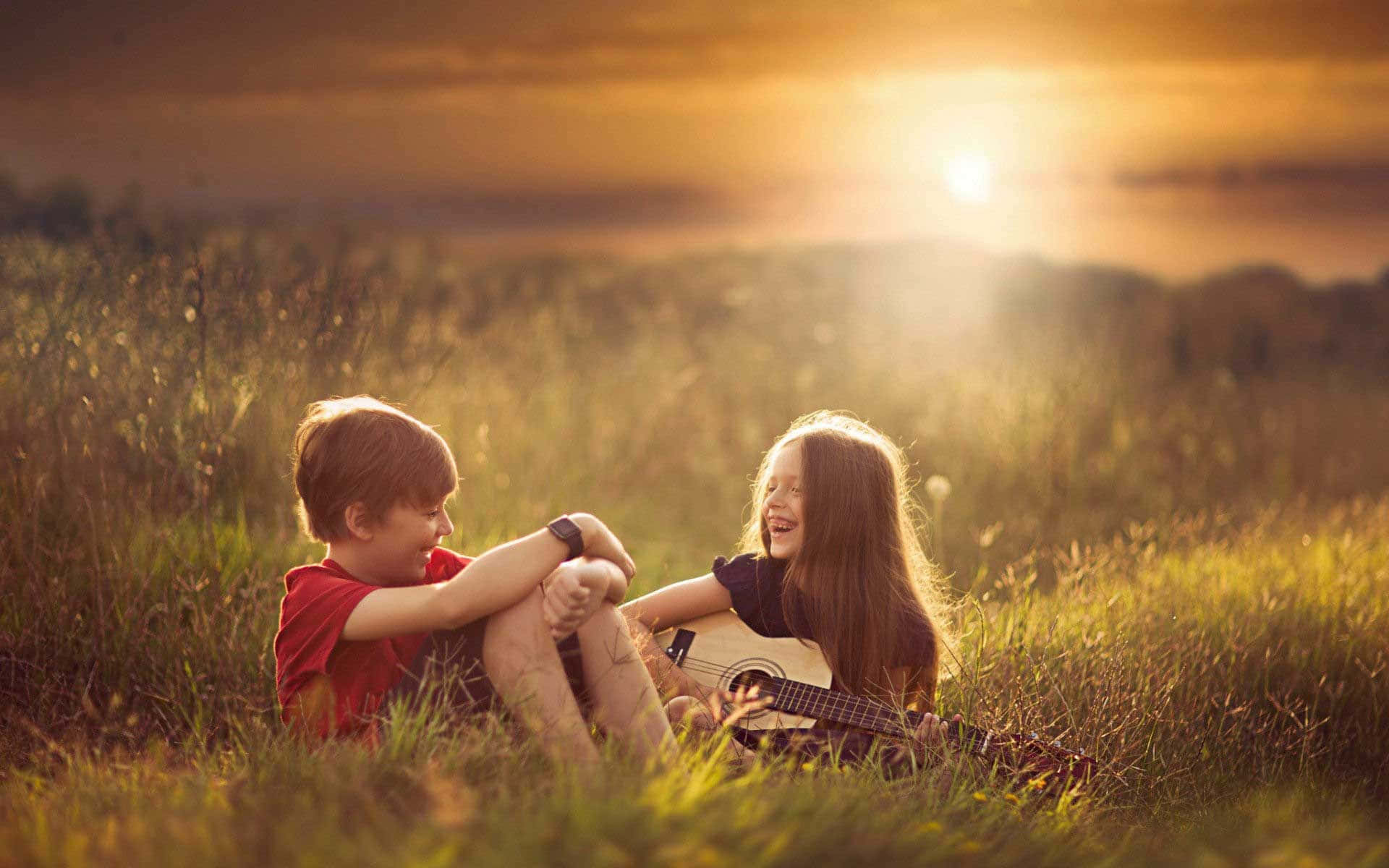 cute baby couple, playing guitar, sunset, Full HD Desktop Wallpaper