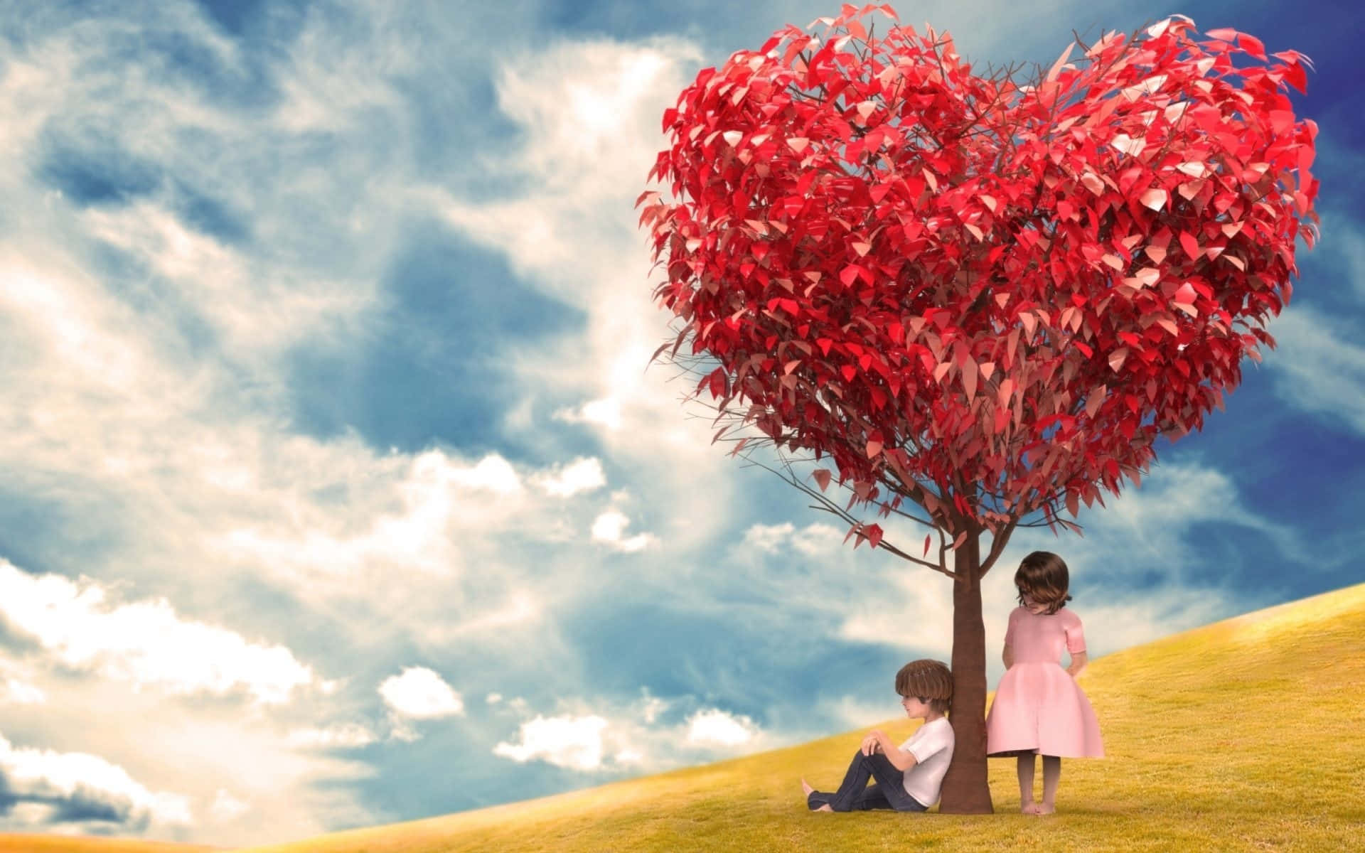 cute baby couple, red heart shaped tree, golden hill, Full HD Desktop Wallpaper