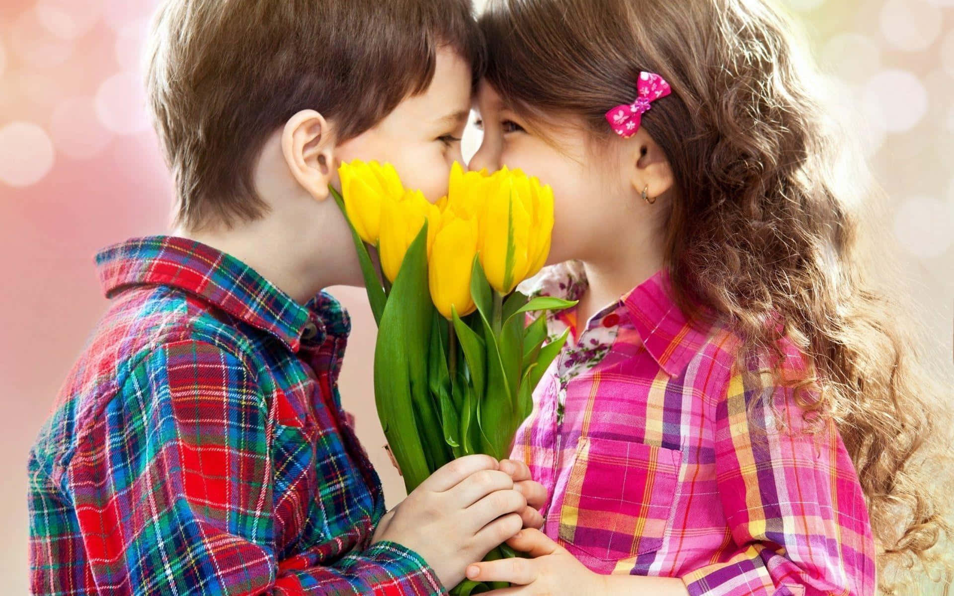 cute baby couple, plaid shirts, bright yellow tulips, Full HD Desktop Wallpaper