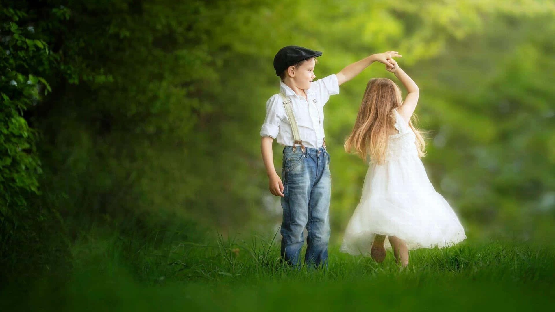 cute baby couple, romantic garden dance, sunlit meadow, Full HD Desktop Wallpaper