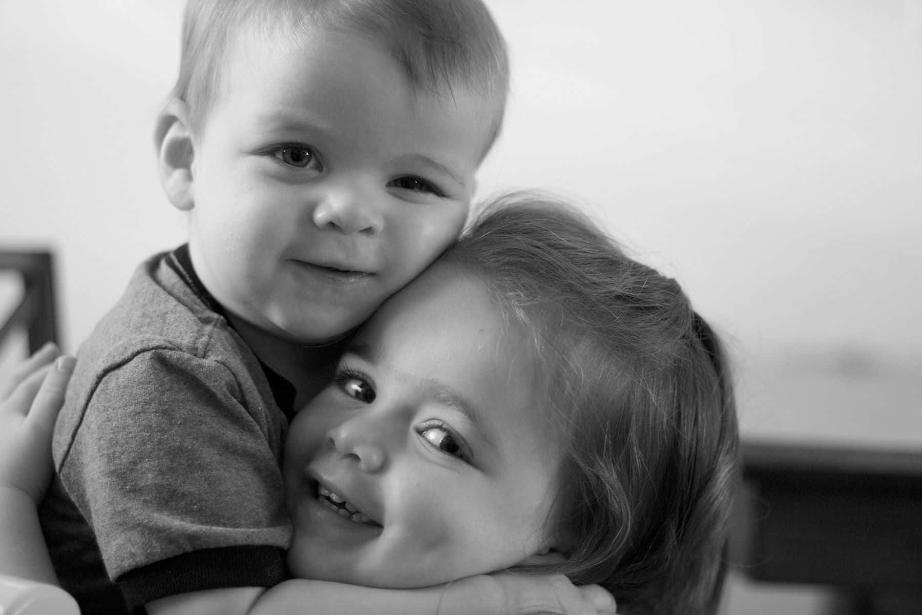 cute baby couple, black and white photo, smiling children, HD Desktop Wallpaper