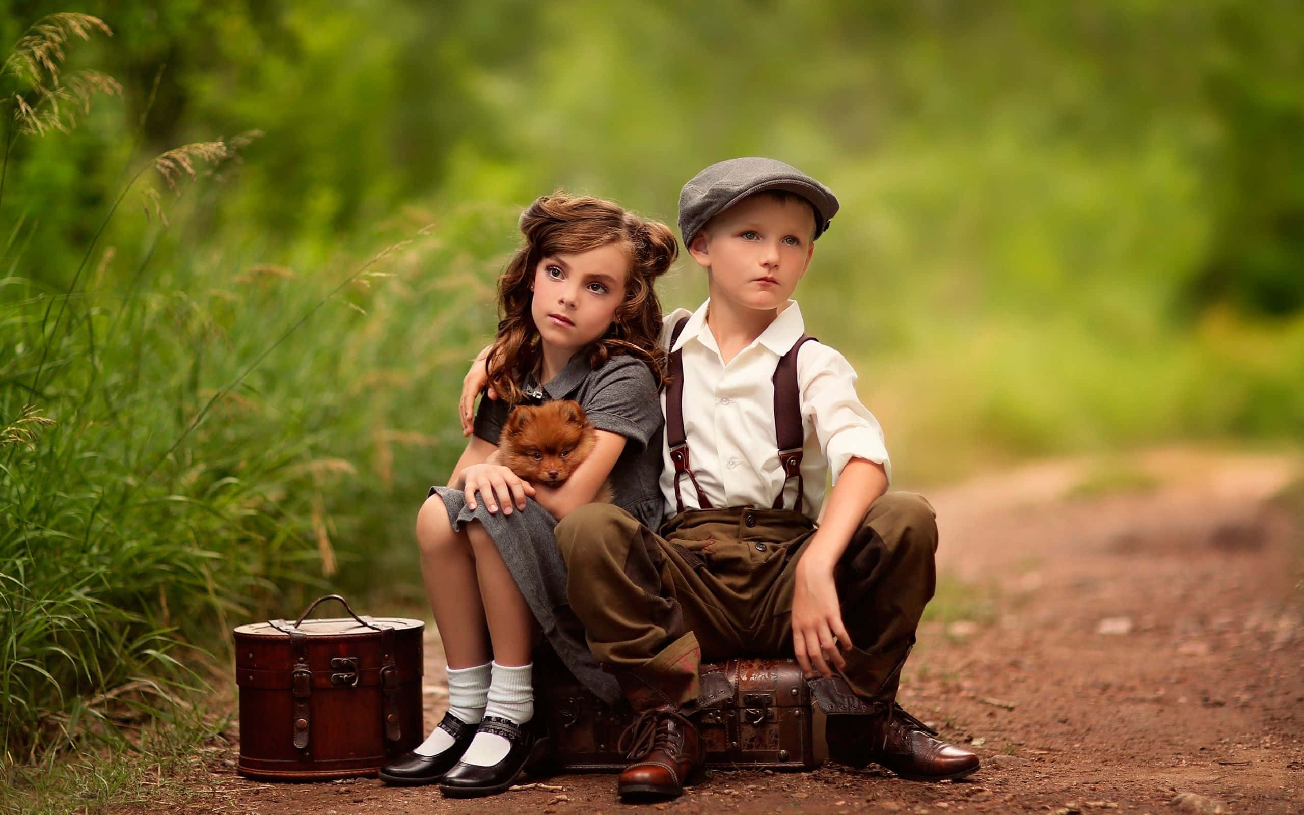 classic cute baby couple, puppy, vintage attire, 2K Desktop Wallpaper