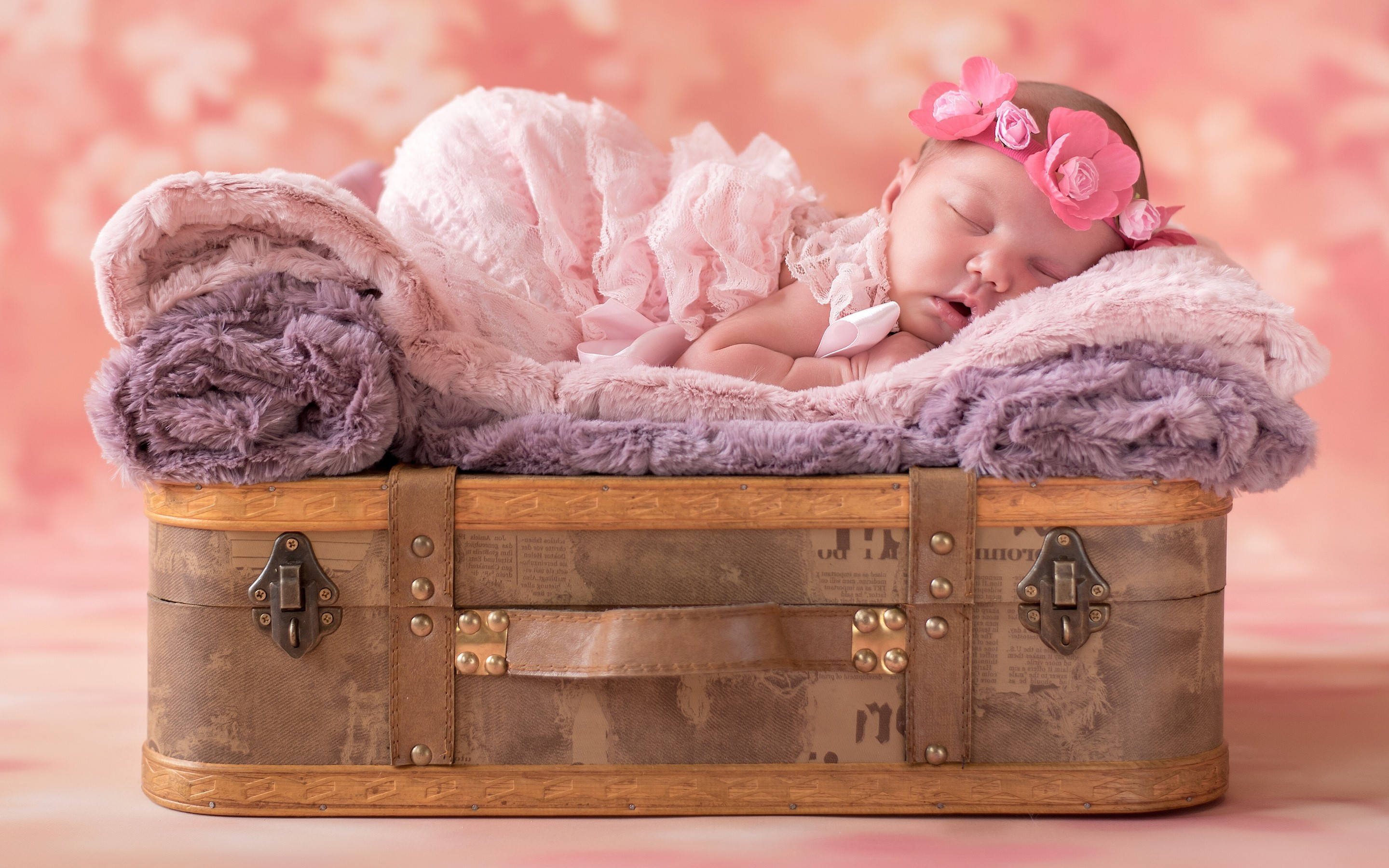 newborn baby, pink floral headband, vintage suitcase, 2K Desktop Wallpaper