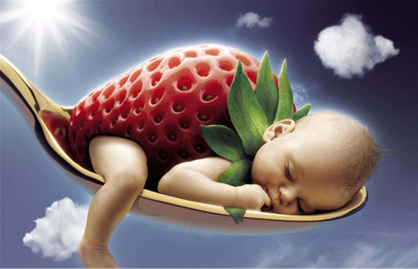 golden spoon, strawberry, bright blue sky, HD Desktop Wallpaper