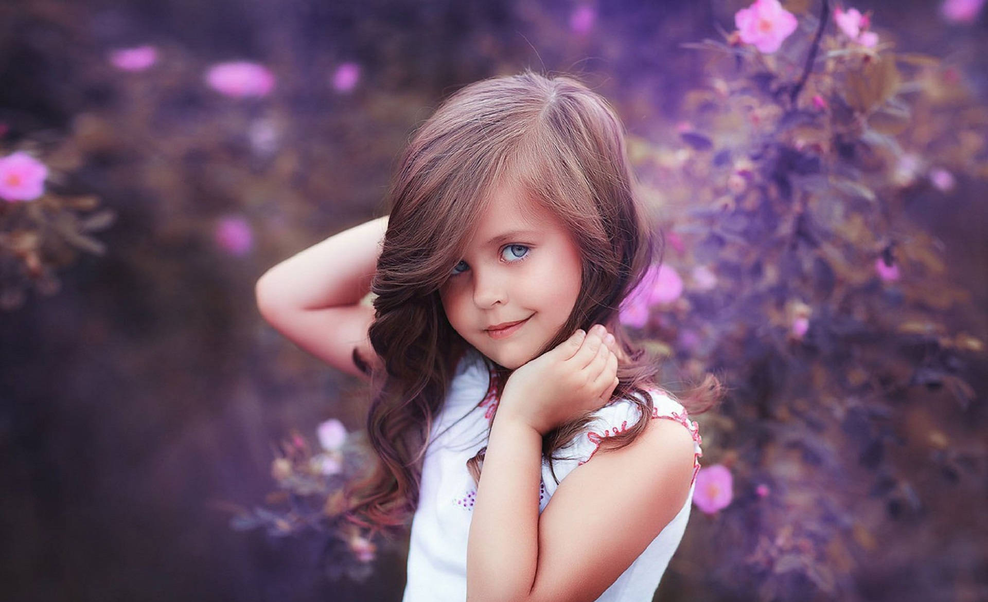 cute baby girl, pink flower background, blue eyes, Full HD Desktop Wallpaper