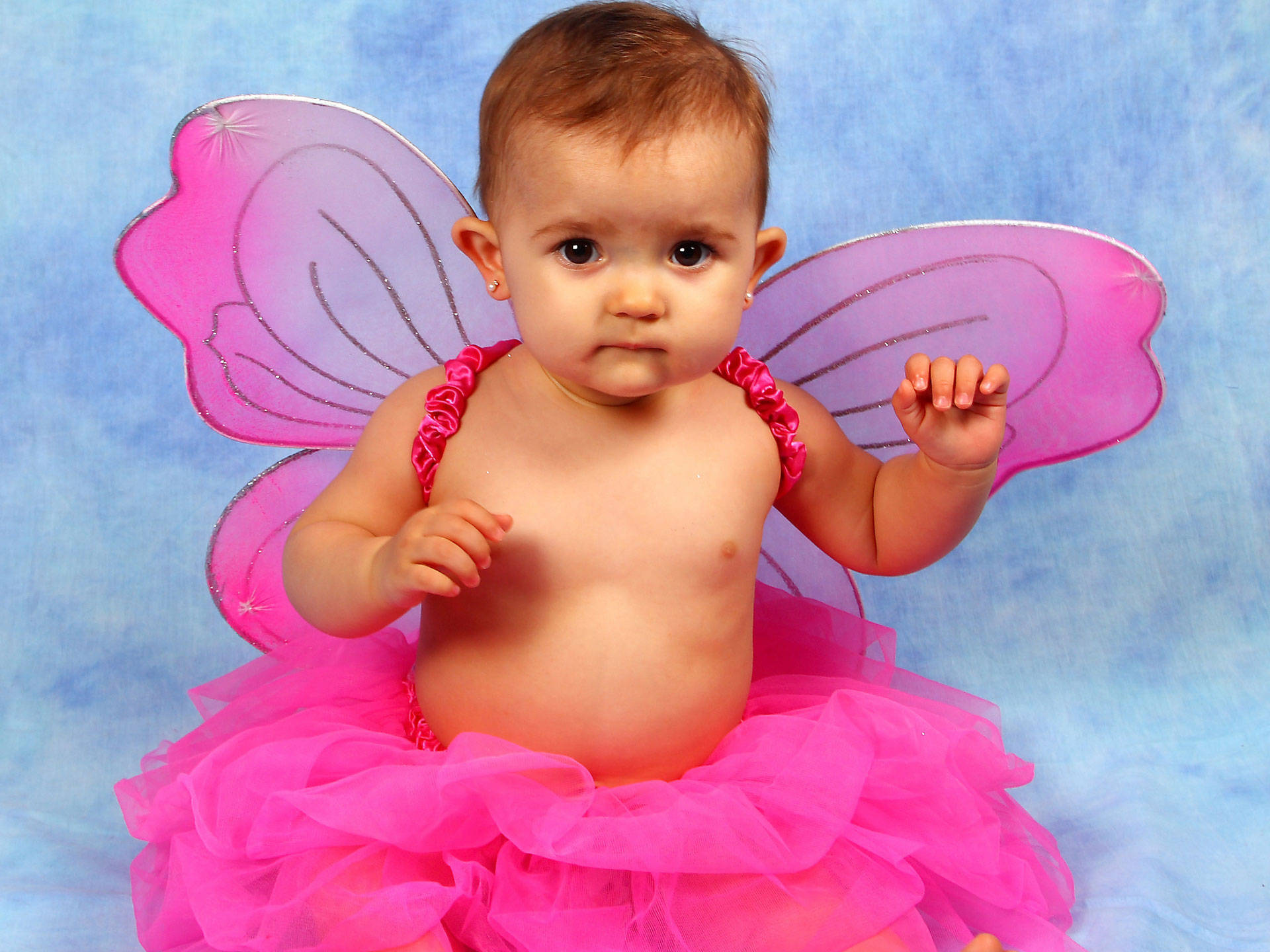 bright pink fairy costume, glittery wings, soft blue background, Full HD Desktop Wallpaper