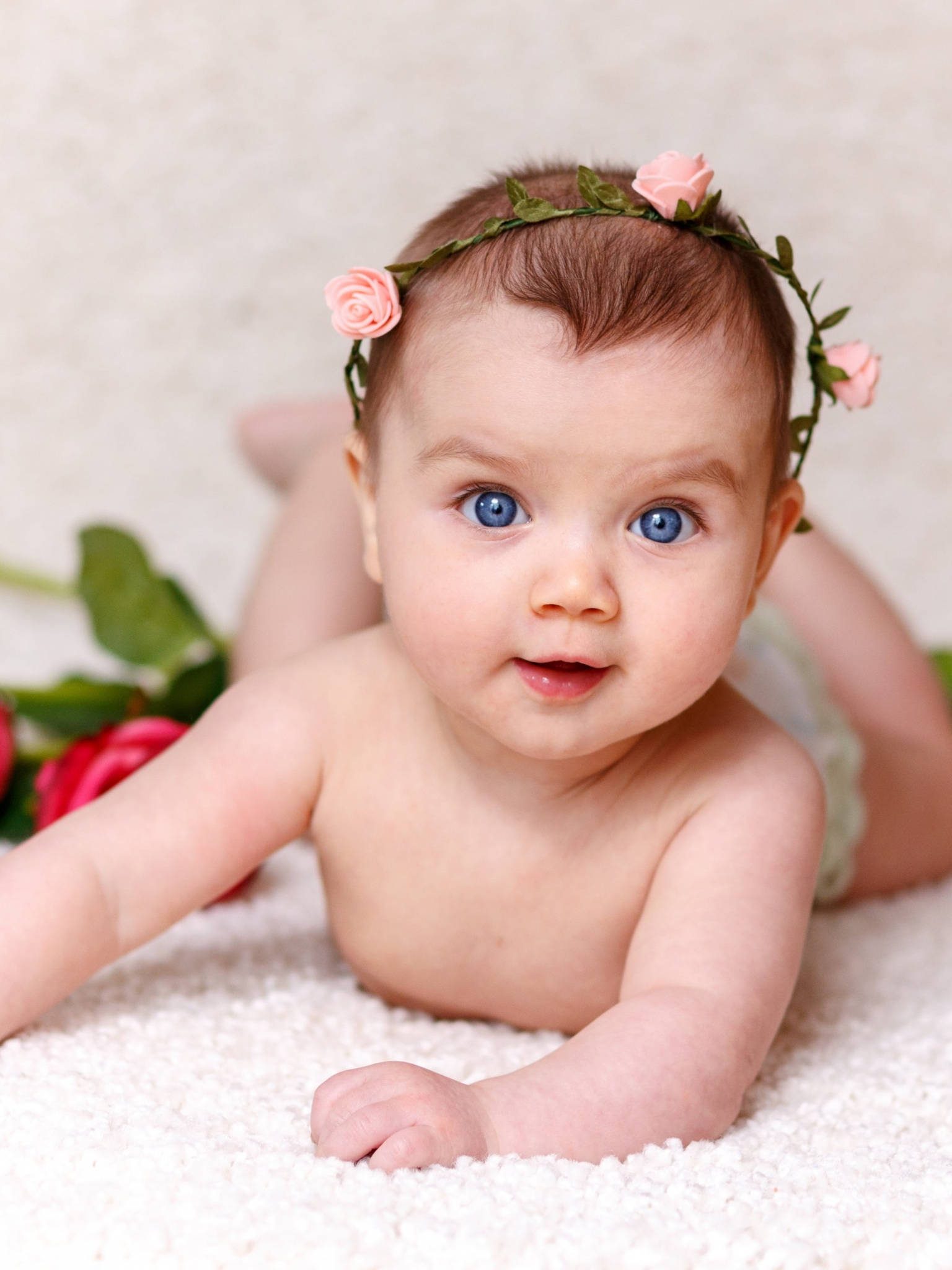 pink rose headband, blue eyes, white textured surface, Full HD Phone Wallpaper