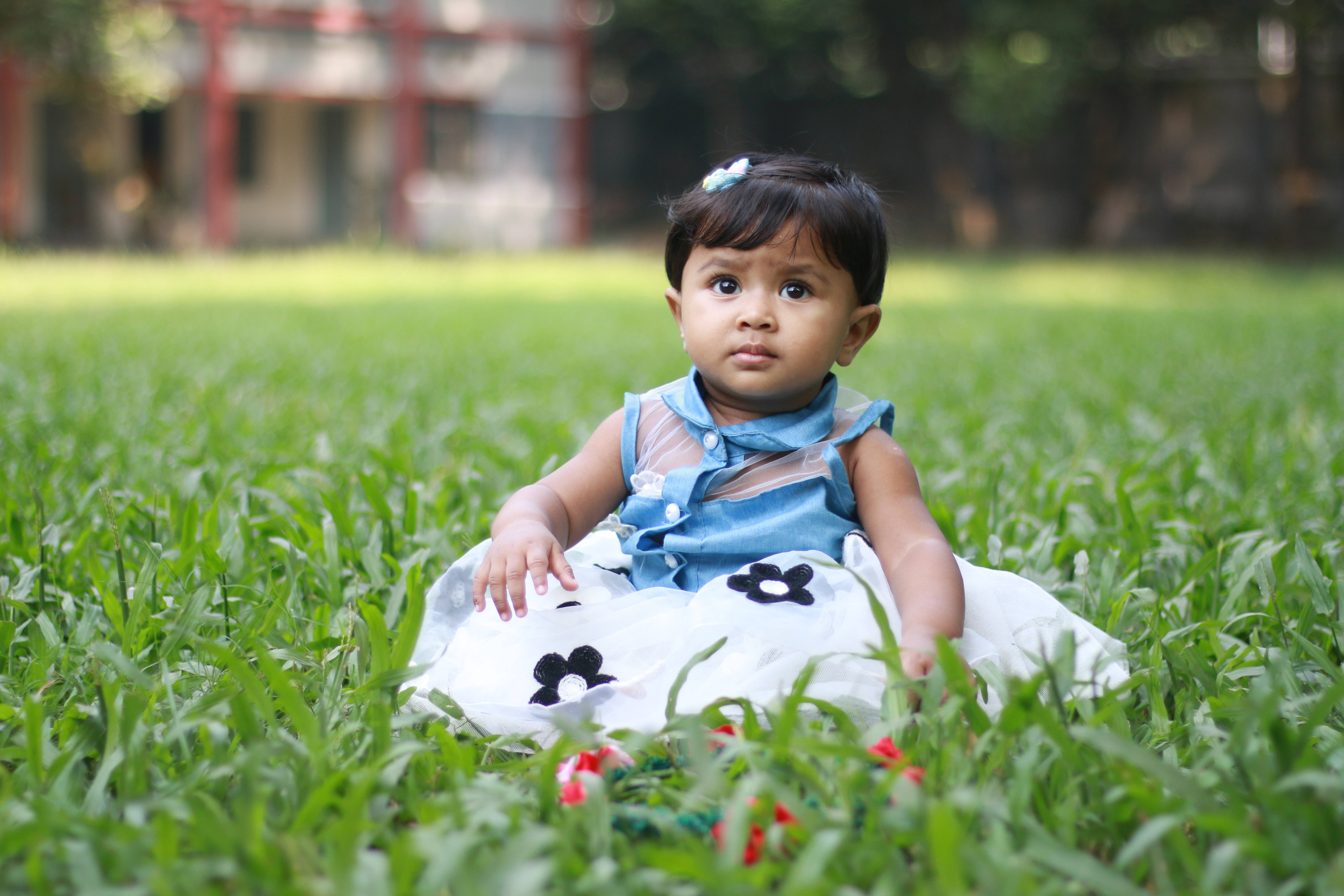 blue and white floral dress, vibrant green grass, toddler, 5K Desktop Wallpaper