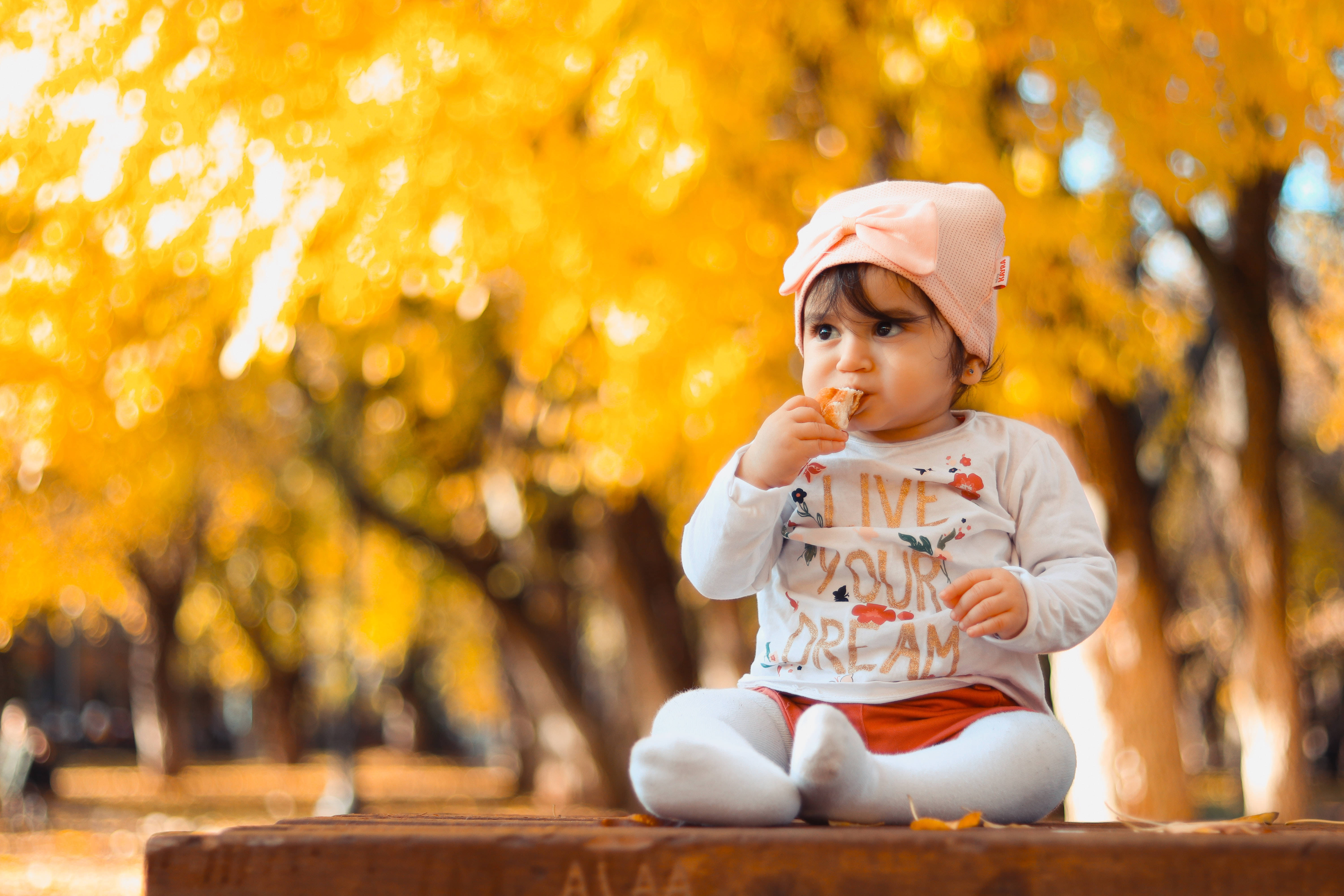 cute autumn baby, pink hat, bench, 5K Desktop Wallpaper