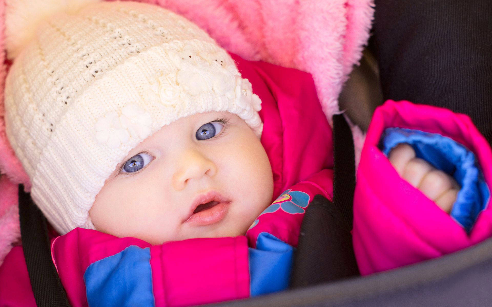 cute baby girl, pink jacket, white knit hat, Full HD Desktop Wallpaper