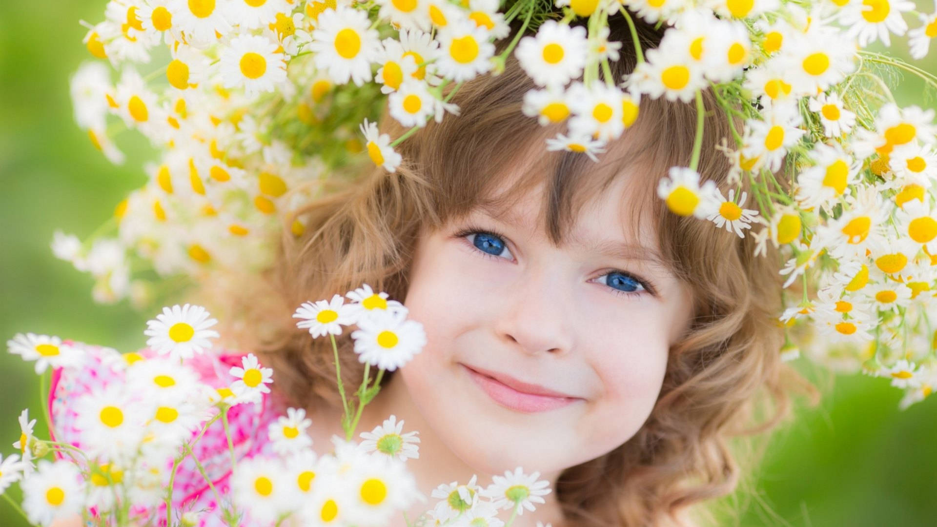 cute baby girl, blue eyes, white daisies, Full HD Desktop Wallpaper