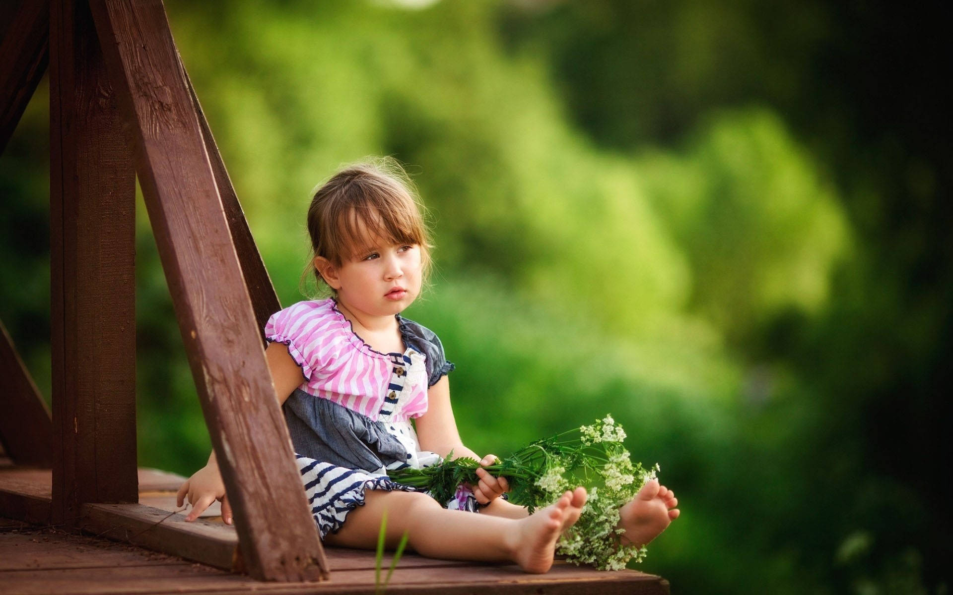 cute baby girl model, young girl, wooden bridge, Full HD Desktop Wallpaper