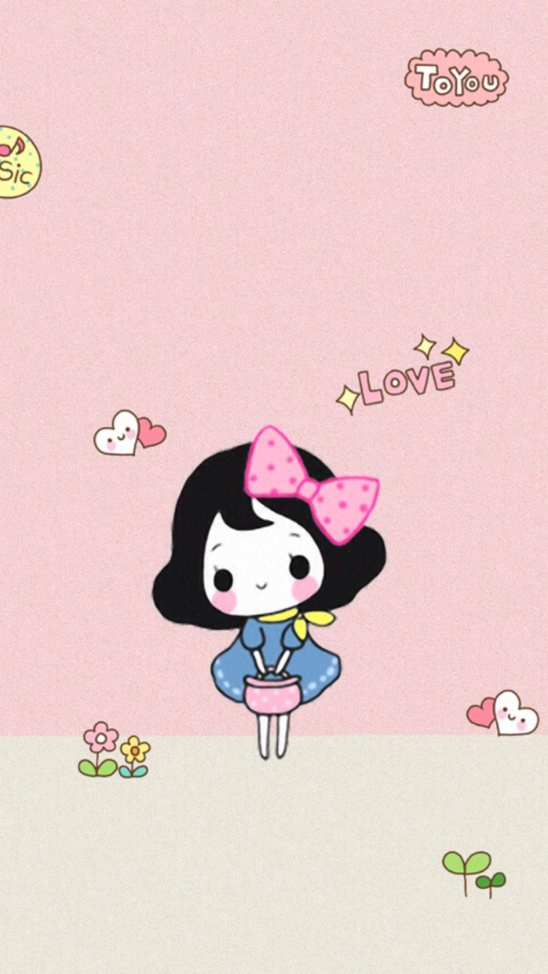cute cartoon girl, pink bow, cup, Full HD Phone Wallpaper