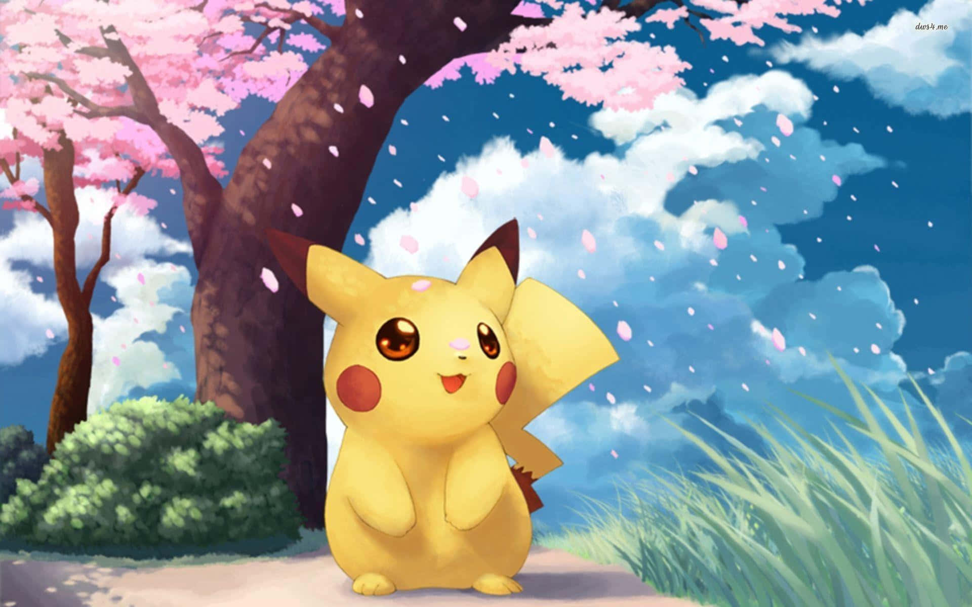 Cute Baby Pikachu, Pikachu, cherry blossom tree, Full HD Desktop Wallpaper