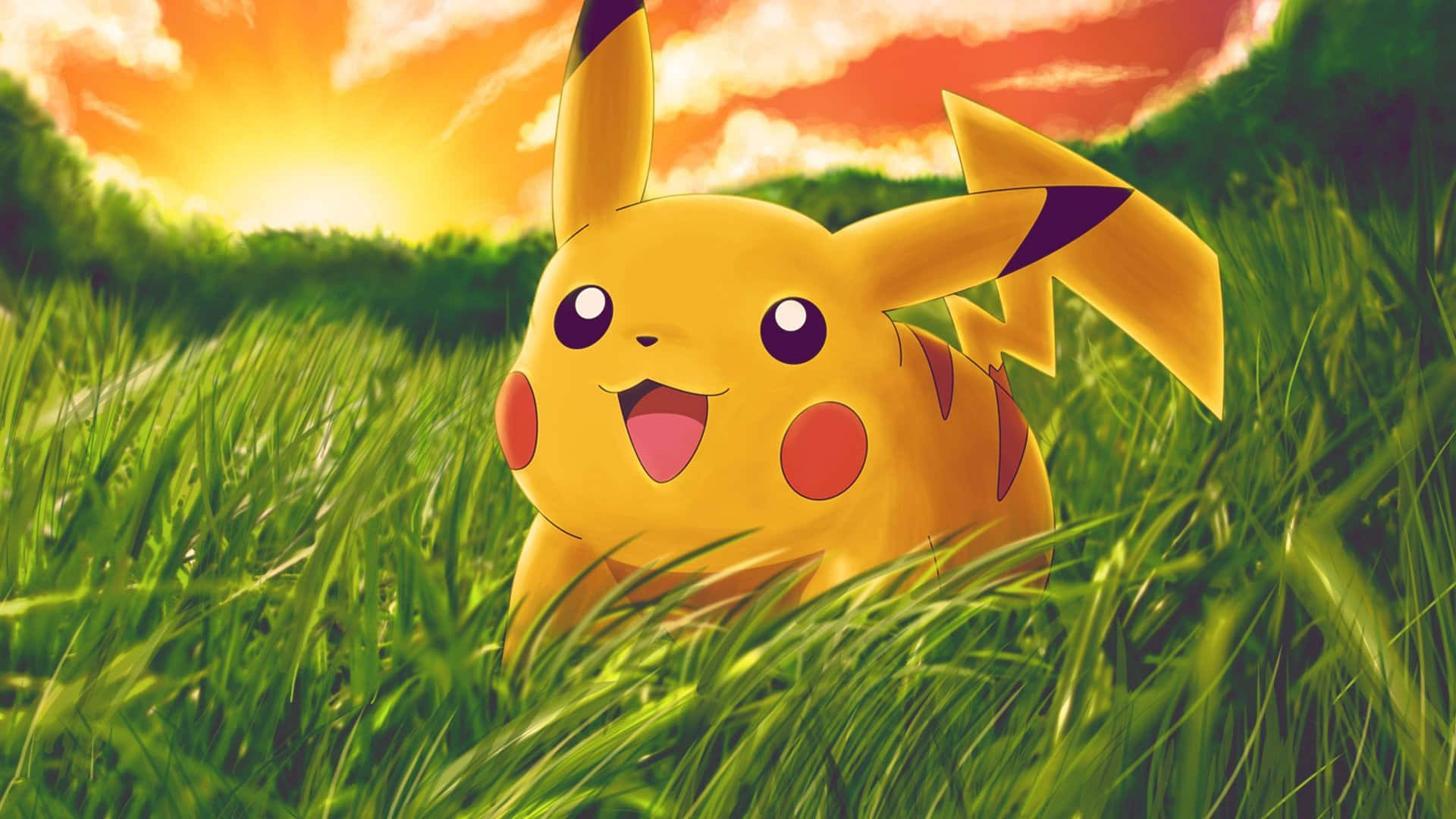 cute baby Pikachu, Pikachu, vibrant green grass, Full HD Desktop Wallpaper