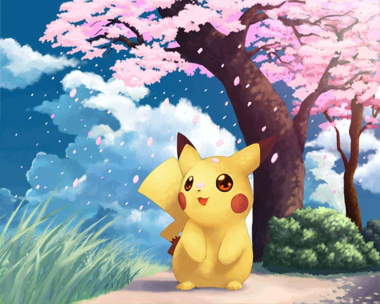 Baby Pikachu, yellow Pikachu, blooming pink cherry blossom tree, HD Desktop Wallpaper