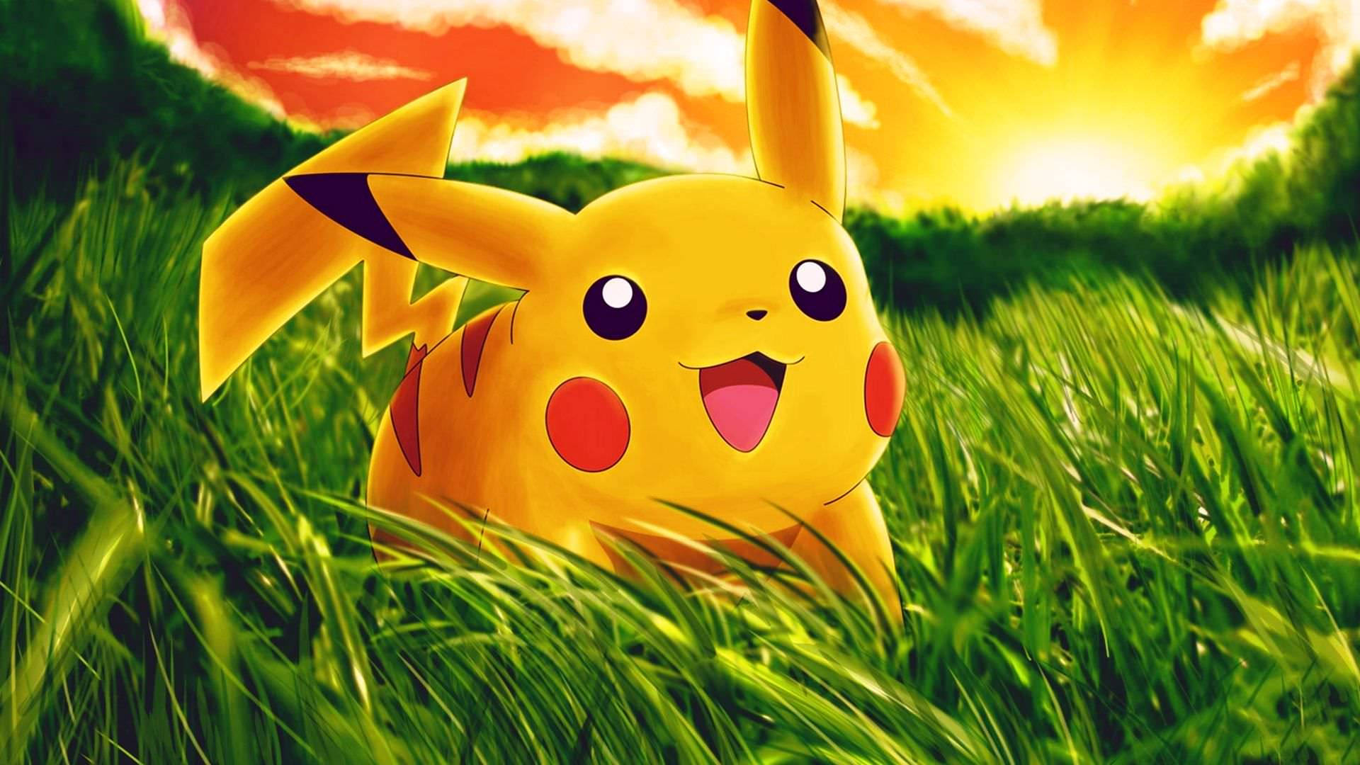 Pikachu, yellow, vibrant green grass, Full HD Desktop Wallpaper