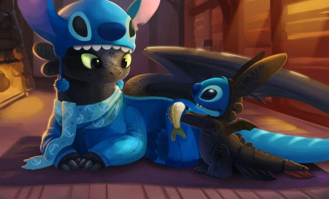 Stitch, black dragon, blue Stitch hat, SD Desktop Wallpaper