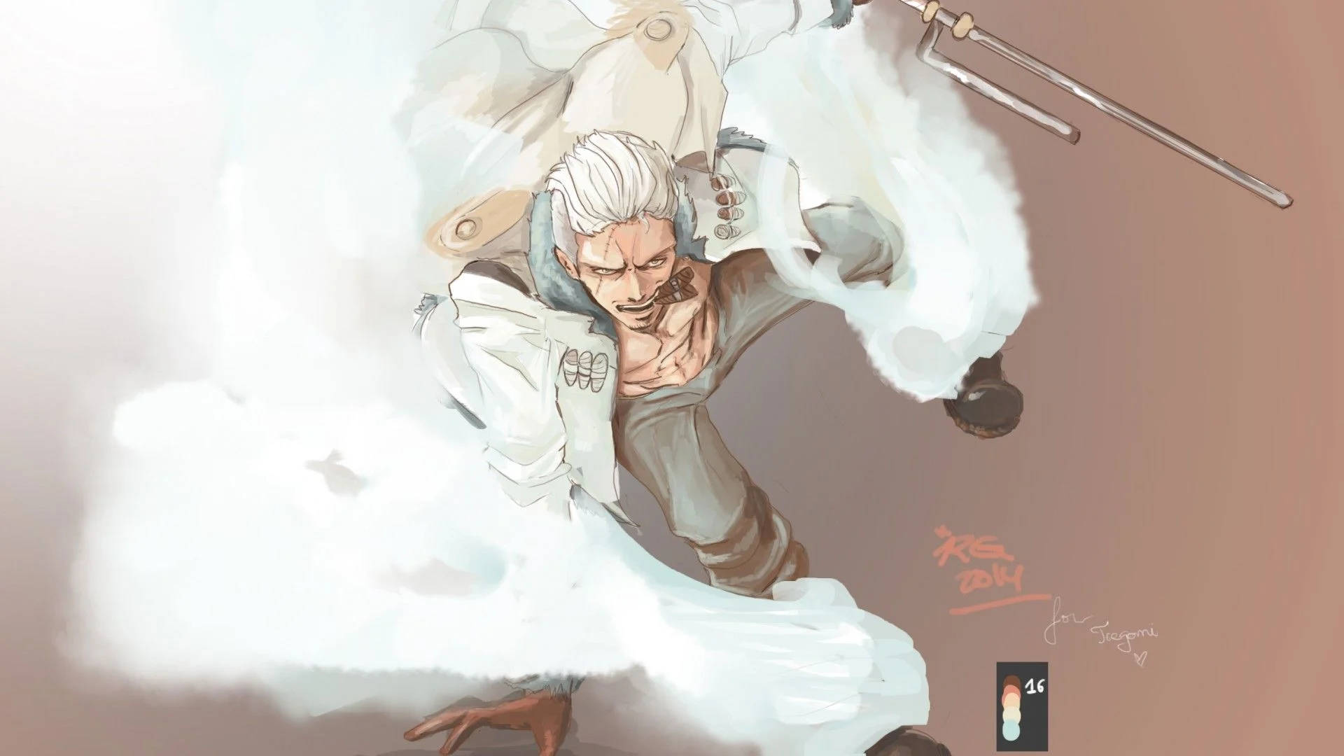 white-haired anime warrior, torn white coat, trident, Full HD Desktop Wallpaper