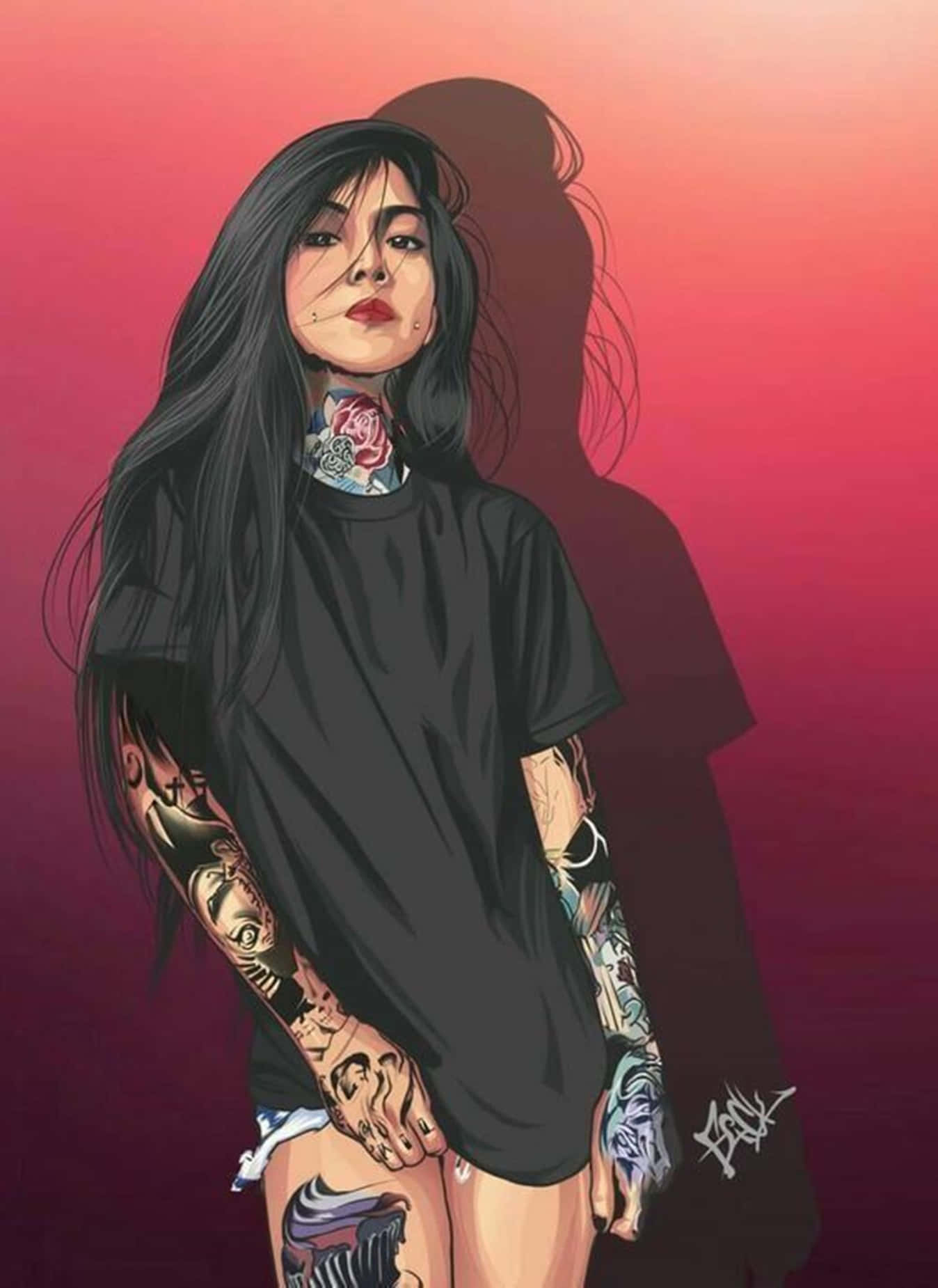 Tatted Baddie Girl, long black hair, gradient pink and purple background, HD Phone Wallpaper