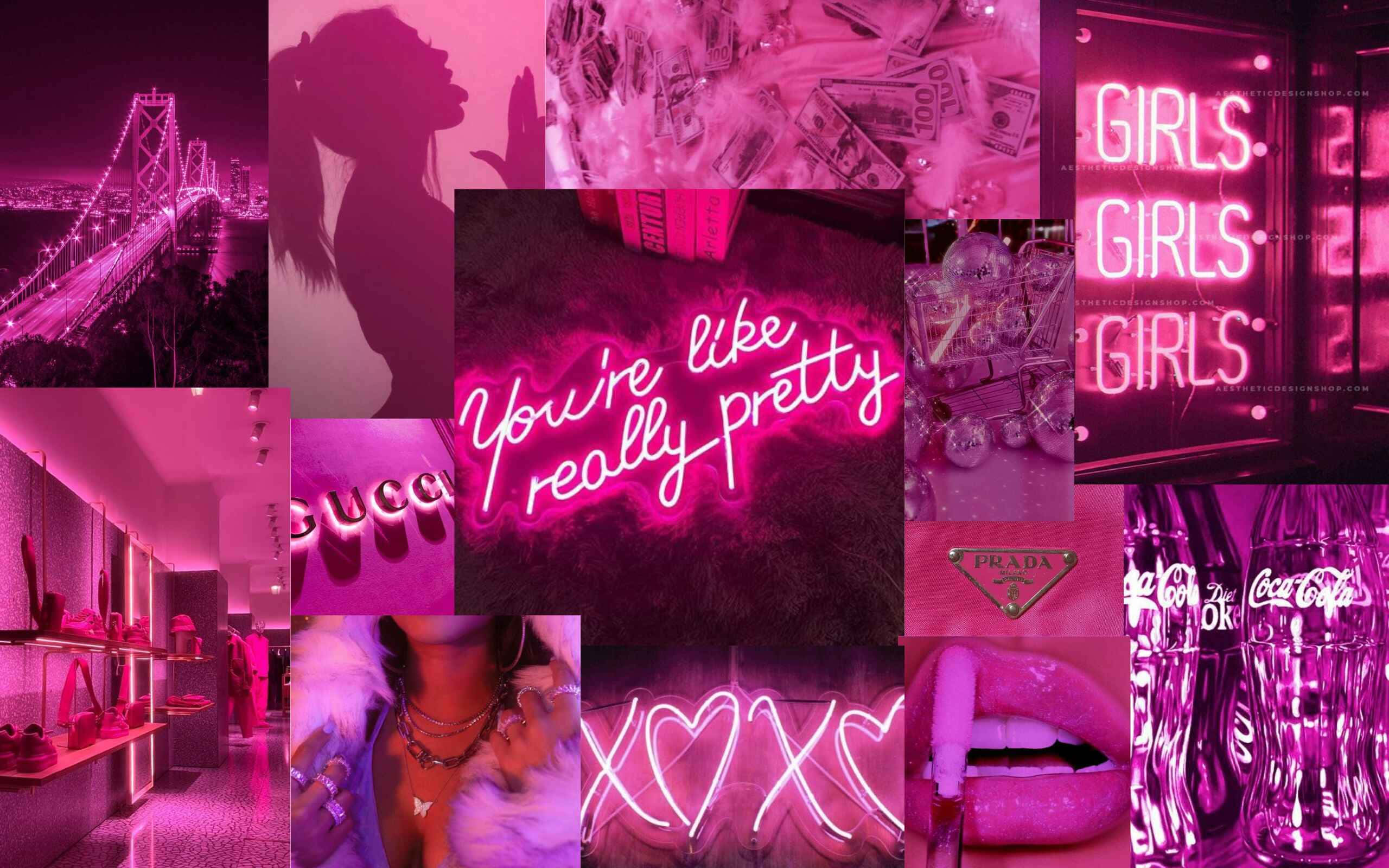 pink baddie aesthetic, neon collage, luxury brands, 2K Desktop Wallpaper