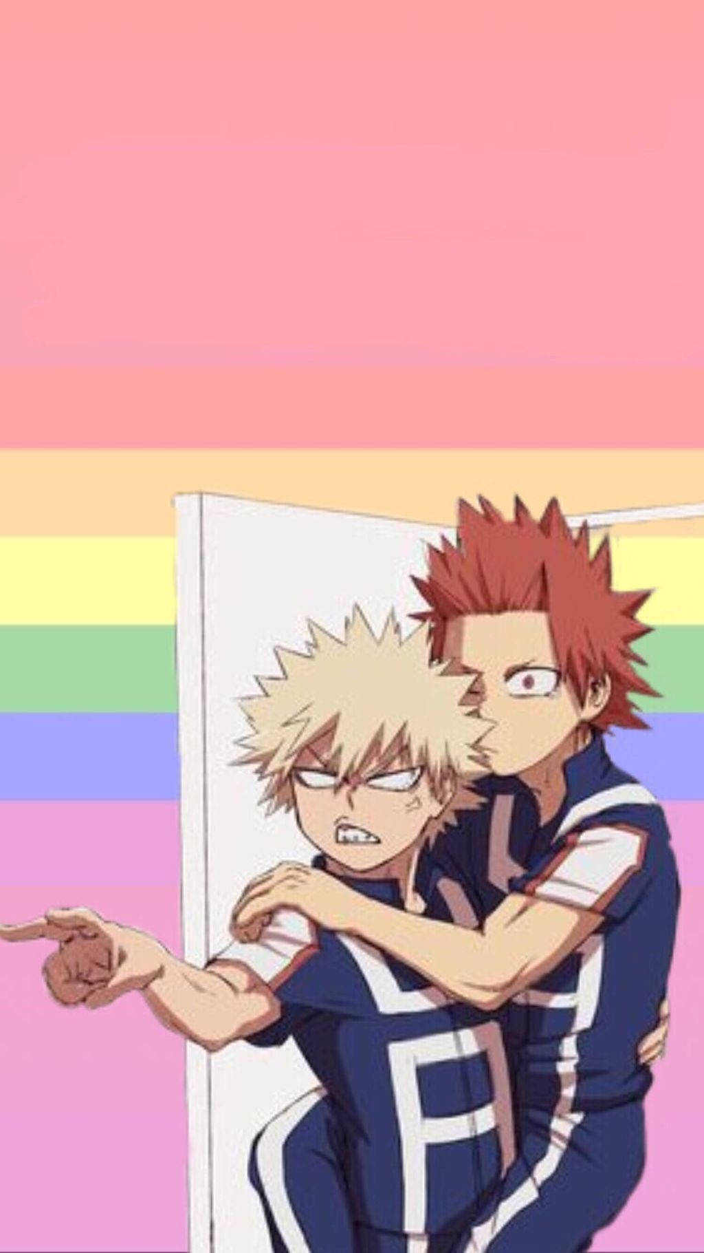 Cute Bakugo, rainbow striped background, pink sky, HD Phone Wallpaper