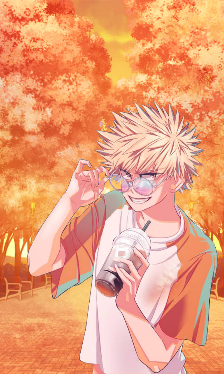 Cute Bakugo, spiky blonde hair, glasses, SD Phone Wallpaper